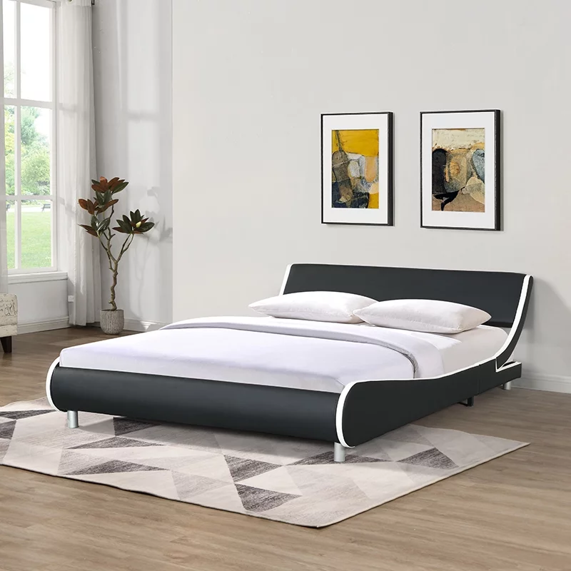 Royard Oaktree Wave-Like Curve Design Platform Bed Frame Queen Size Faux Leather Upholstered Bed Modern Low Profile Bed Frame with Wooden Slats Support, No Box Spring Needed, Black and White