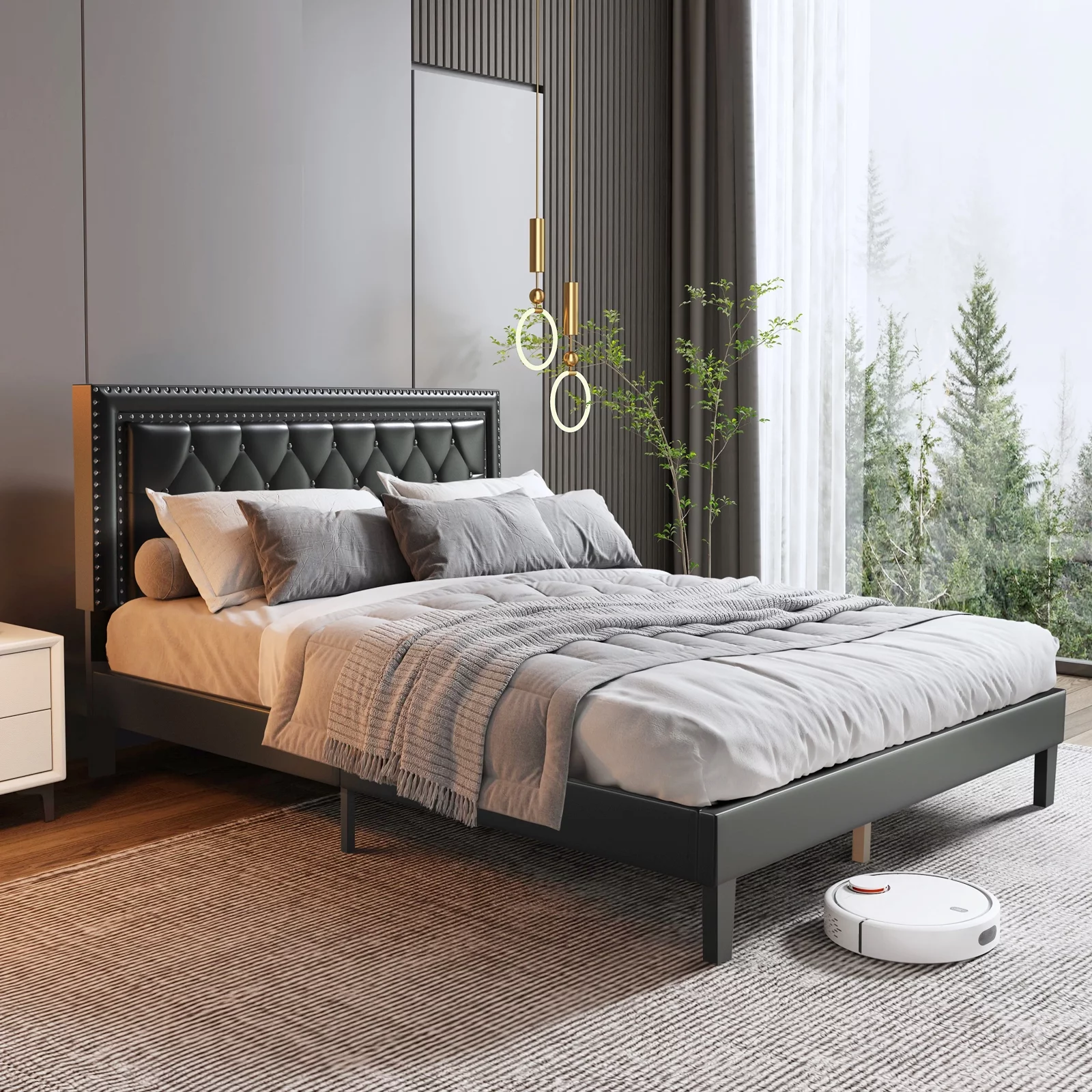 PU Leather Upholstered Platform Bed Frame / Mattress Foundation / Wood Slat Support / Easy Assembly, Full/Queen Size Black