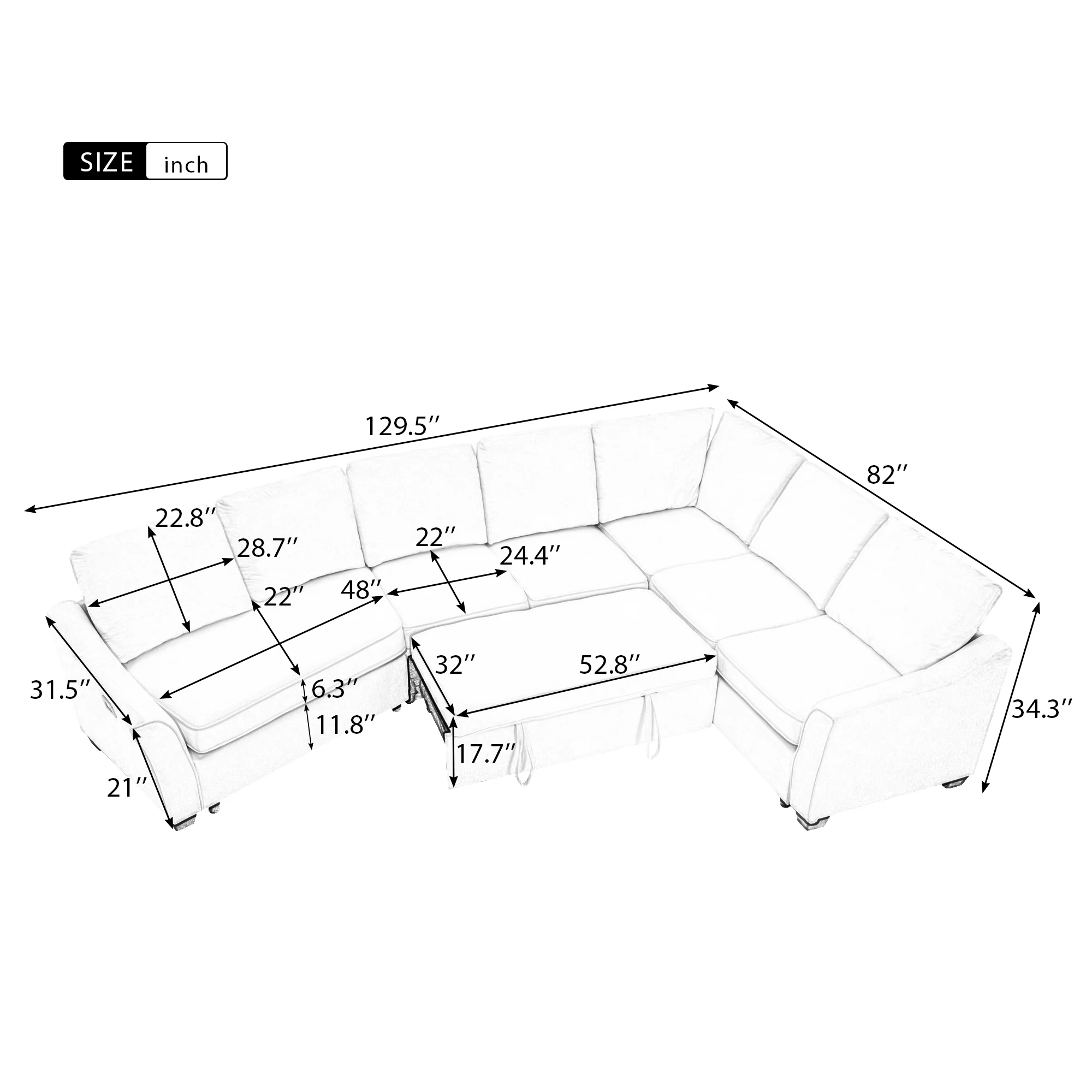 Euroco Sectional L Shaped Sofa with Pull-Out Bed, 129.5