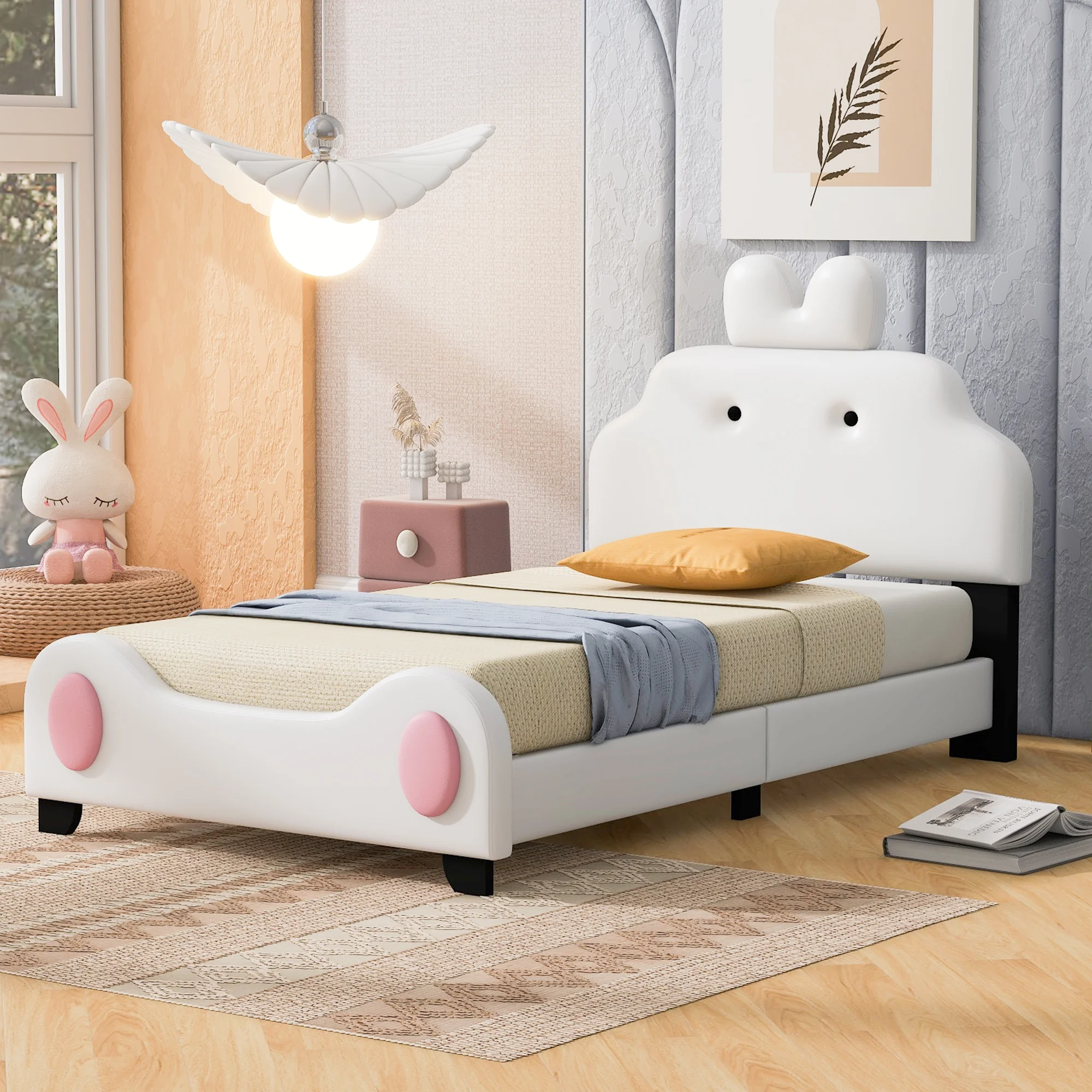 Euroco Upholstered Carton Ears Shaped Twin Size Platform Bed with Headboard for Kids, White