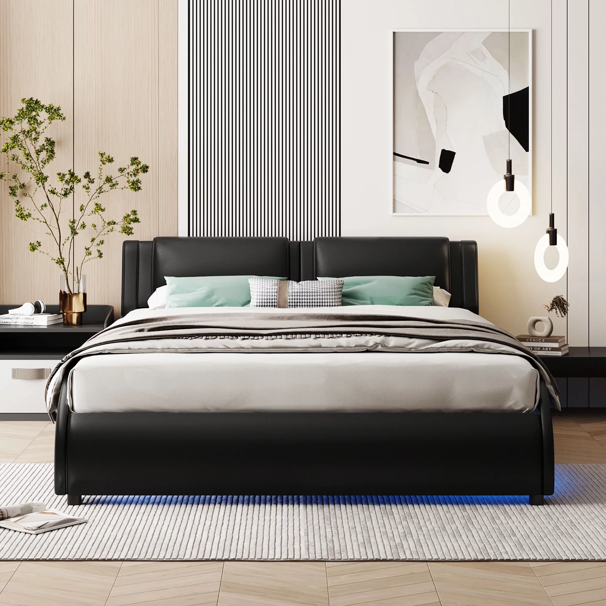 Bellemave Full Size Upholstered Platform Bed with LED Lights Underneath,Faux Leather Platform Bed Frame with Headboard and Slatted for Bedroom(Full,Black)