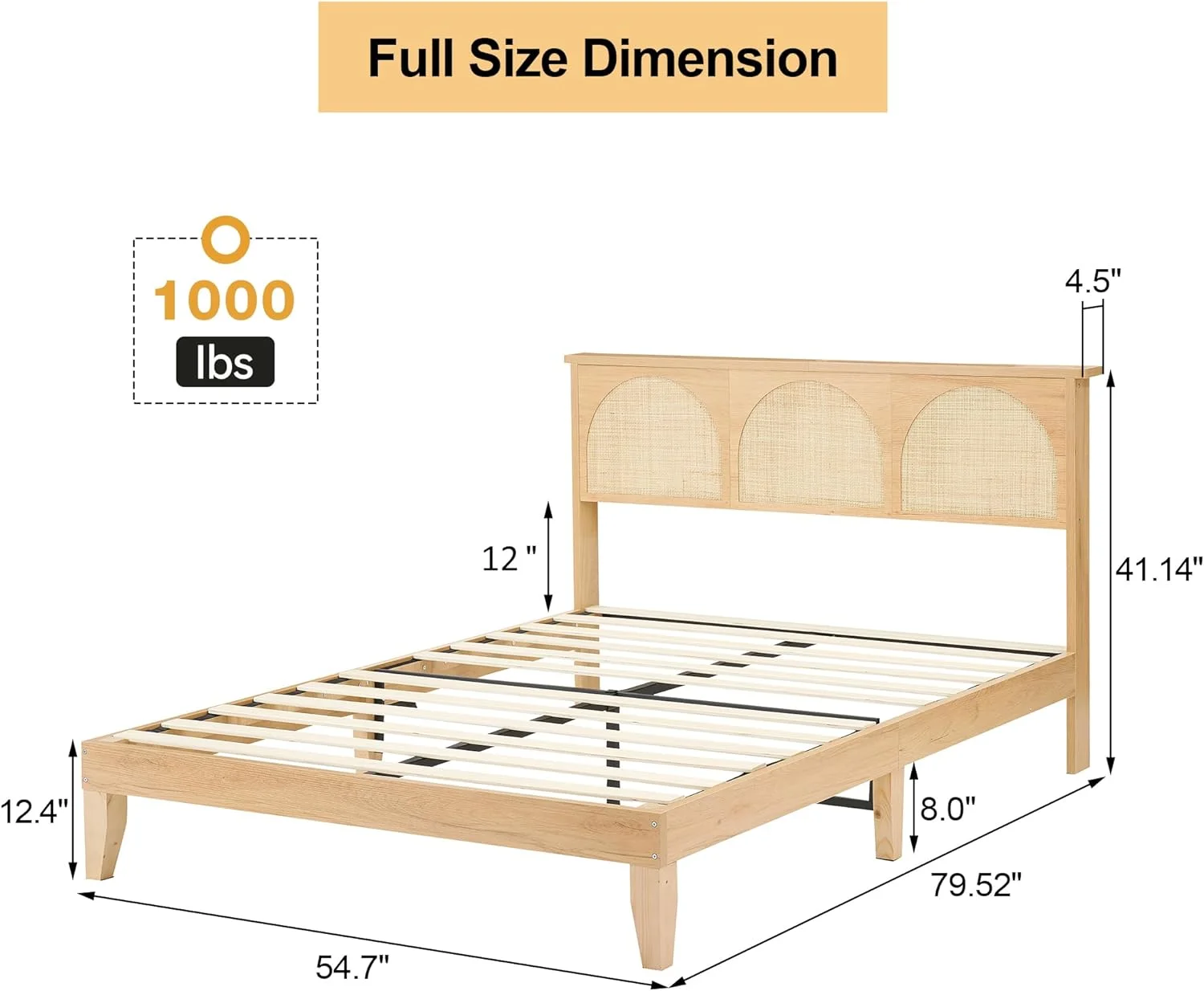 Inch Deluxe Solid Wood Full Size Bed Frame Wih LED Lighs & Curved Raan Headboard & Wooden Suppor Legs, Modern Plaform Bed Frame, No Box Spring Needed, Easy Assembly