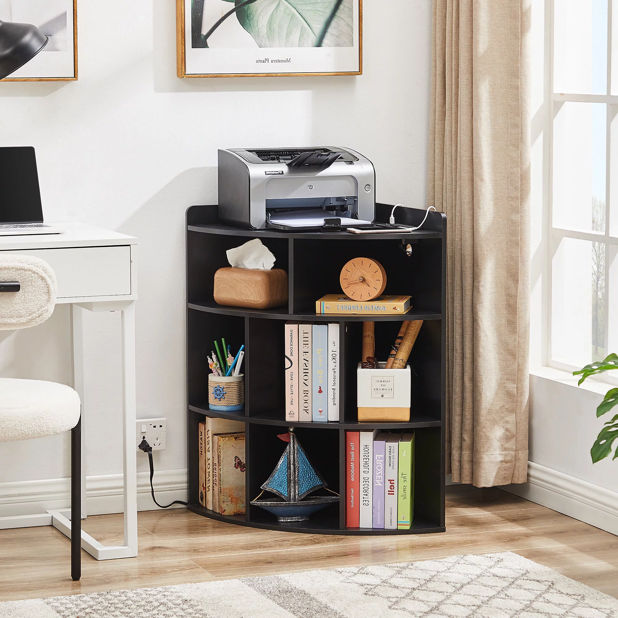 VECELO 4-Tier Corner Cabinet with Charging Station, 8-Cubby Wooden Bookcases Bookshelf with USB Ports and Outlets Storage Organizer Display Rack, White