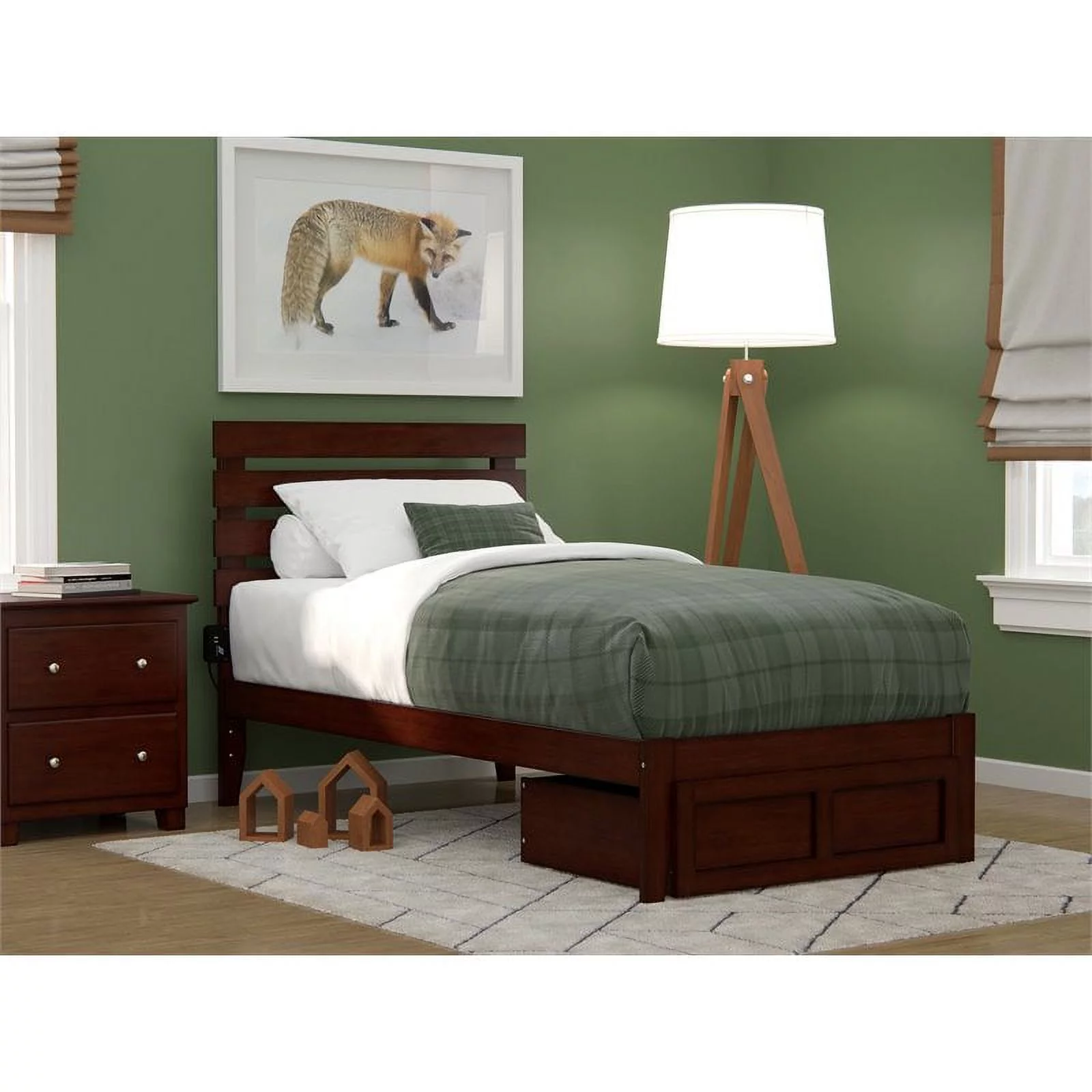 Pemberly Row Farmhouse Wood Twin Bed with Foot Drawer and USB Charger in Walnut