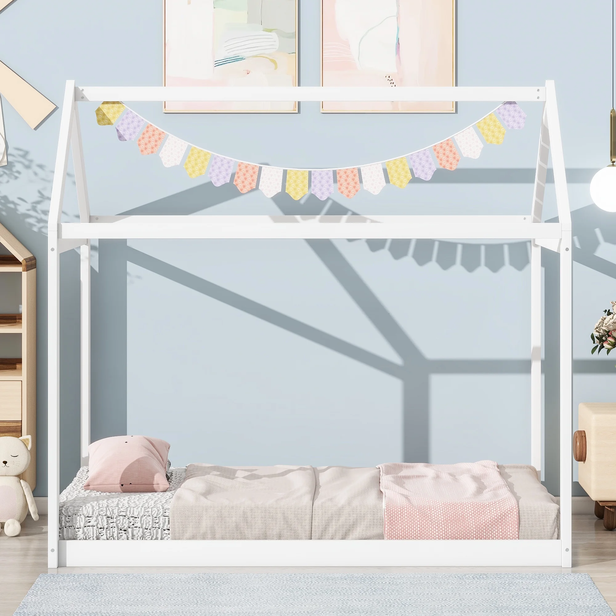 Euroco Twin Wood House Bed Frame with Roof for Kids, White