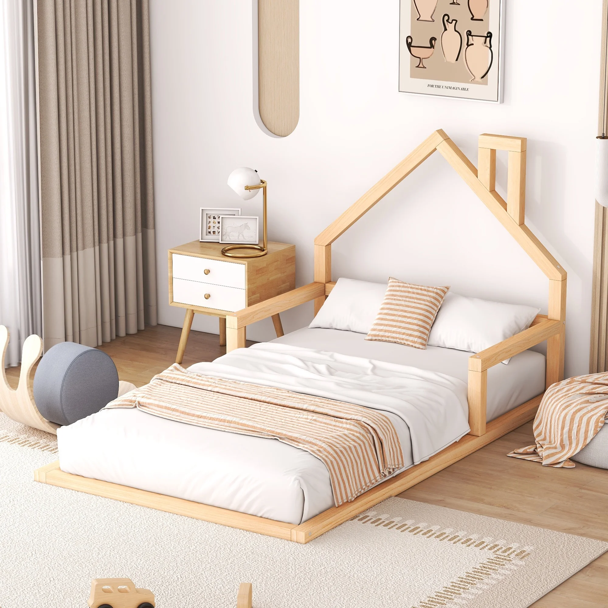 Euroco Twin Size Wood Floor Bed for Kids Room, Natural