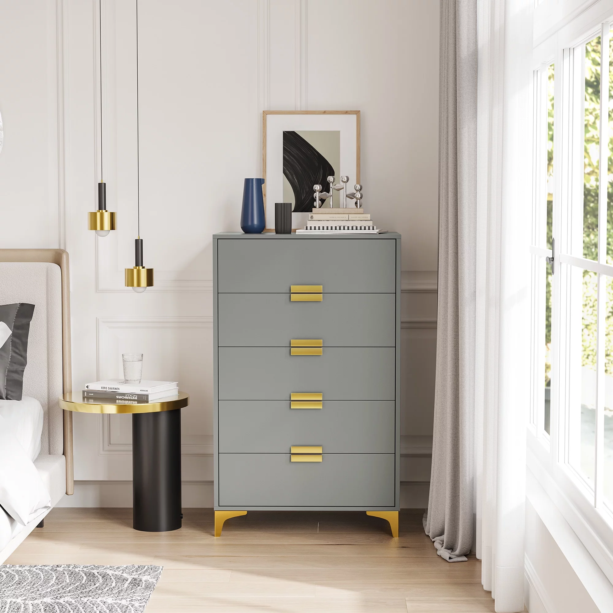 Dextrus 5 Drawer Dresser for Bedroom, Solid Wood Modern 5 Chest of Drawers with Gold Metal Legs Dressers Organizer for Living Room, Hallway, Gray