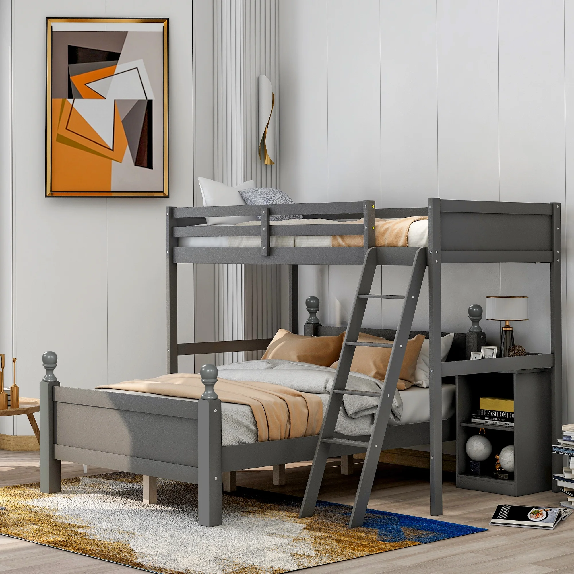 Euroco Wood Twin over Full Bunk Bed with Storage Cabinet for Kids' Room, Gray