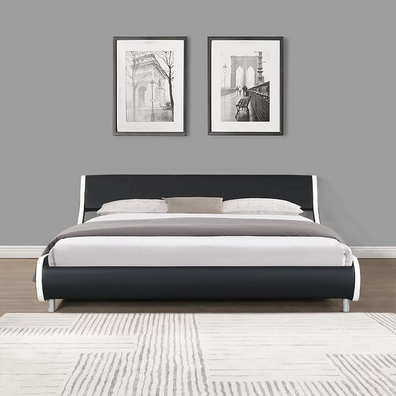 Holaki King Size Faux Leather Upholstered Platform Bed Frame, Curve Design, Wood Slat Support, No Box Spring Needed, Black and White