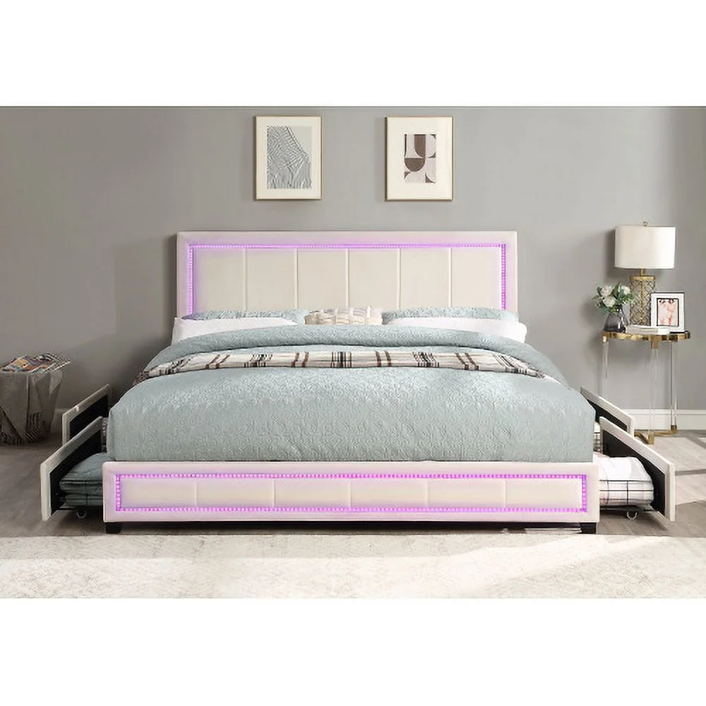 Upholstered Eastern King Size Platform Bed with LED Lights, Storage Bed with 4 Drawers, Beige color fabric