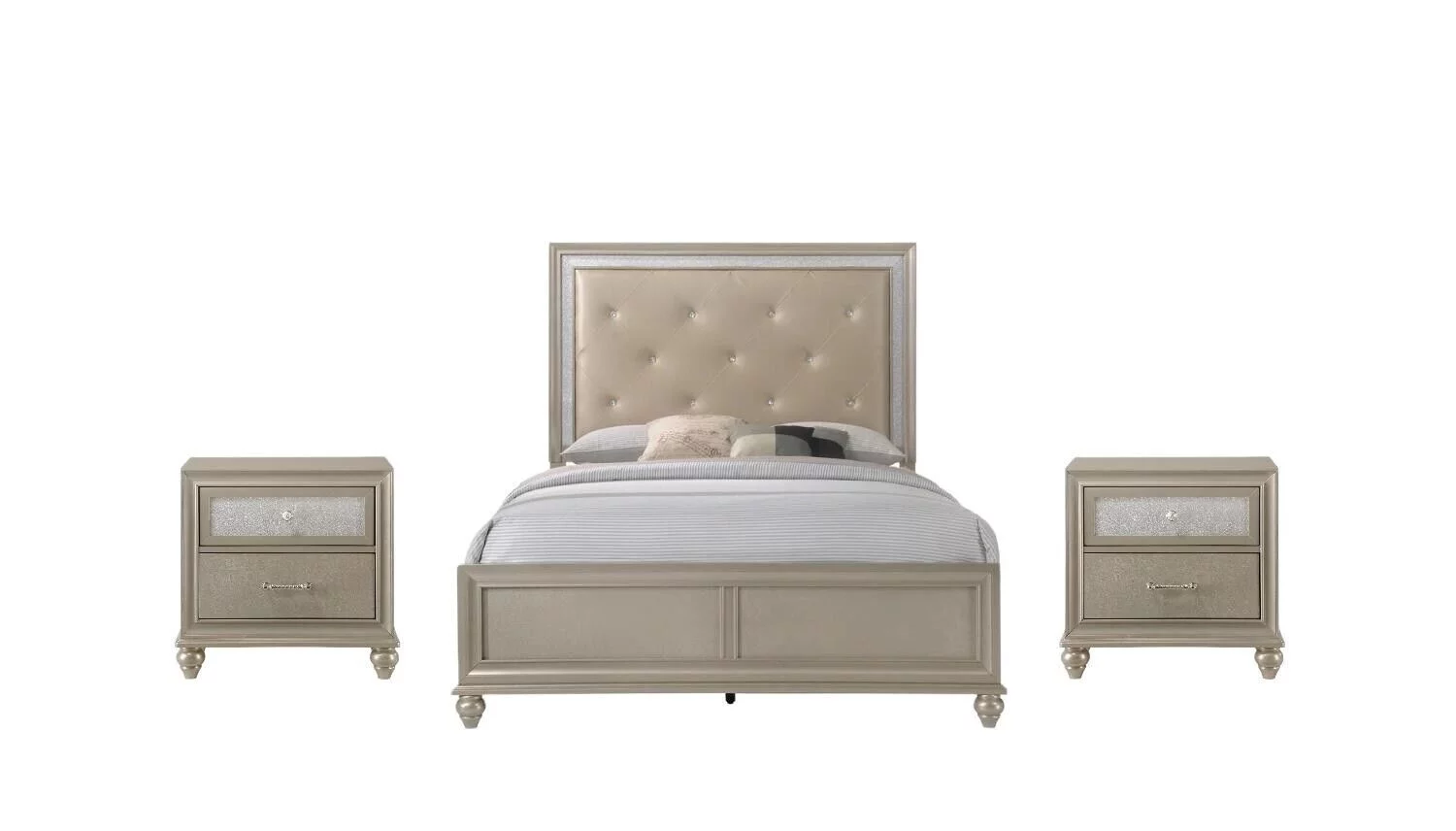 Modern Champagne Finish Faux Diamond Button Tufted HB 3pc Twin Youth Size Bedroom Set Bed and 2x Nightstands Furniture
