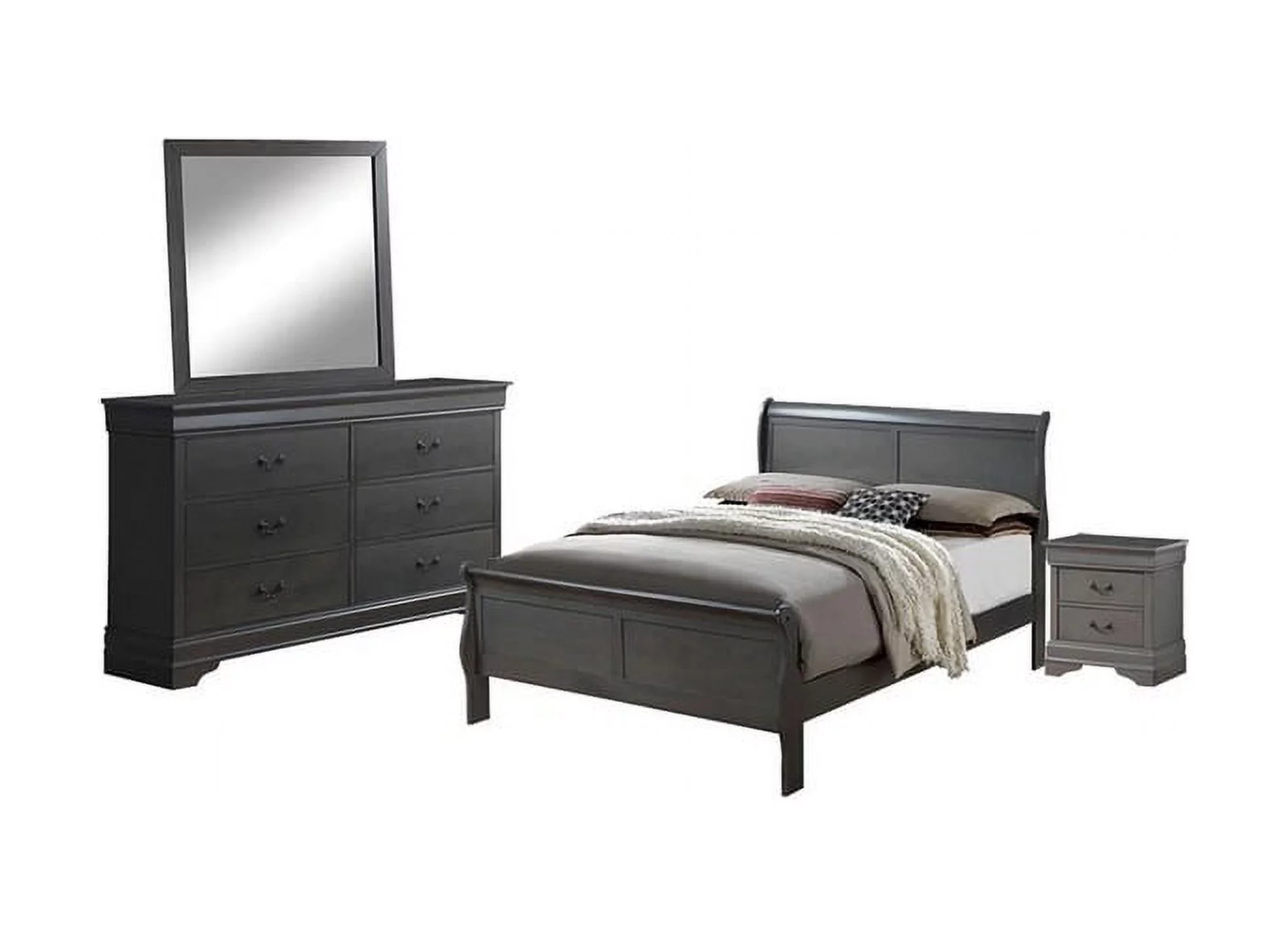 Transitonal Style Gray Solid wood 4pc Bedroom Set California King Size Bed Dresser Mirror Nightstand Master Bedroom Furniture
