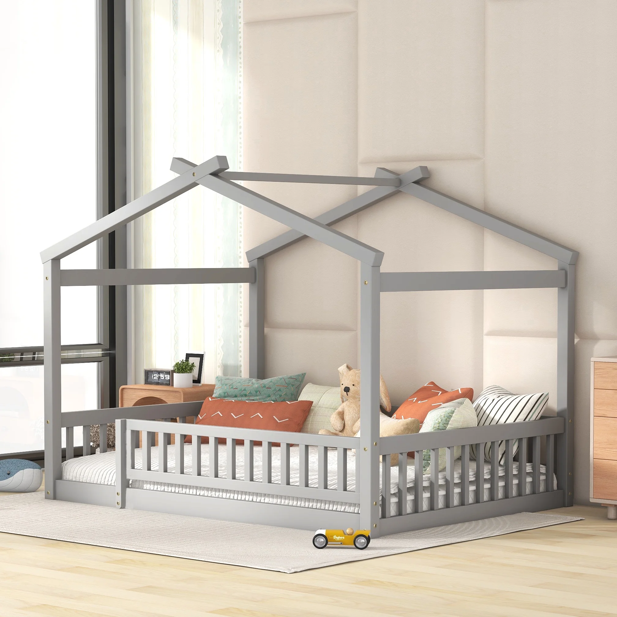 Bellemave Full Size House Floor Bed for Kids, Wooden Montessori Full Bed with Fence Railings and Support Slats, No Box Spring Needed (Gray)