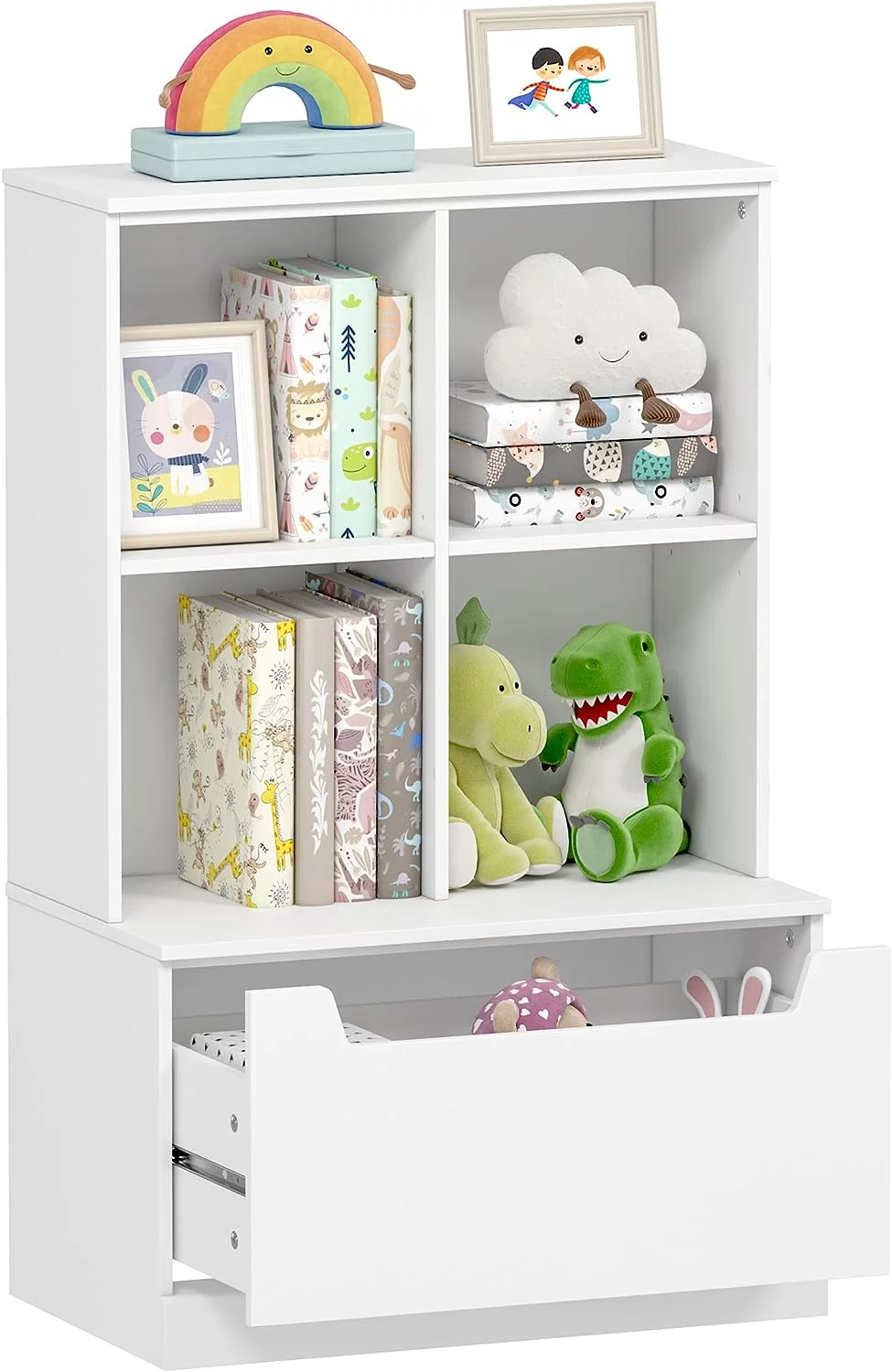 UTEX Kids Bookshelf with Toy Storage, Toy Organizer with Drawer, Toy and Book Storage Cubby for Kids, Toddlers, Ideal for Bedroom, Playroom, Nursery, White