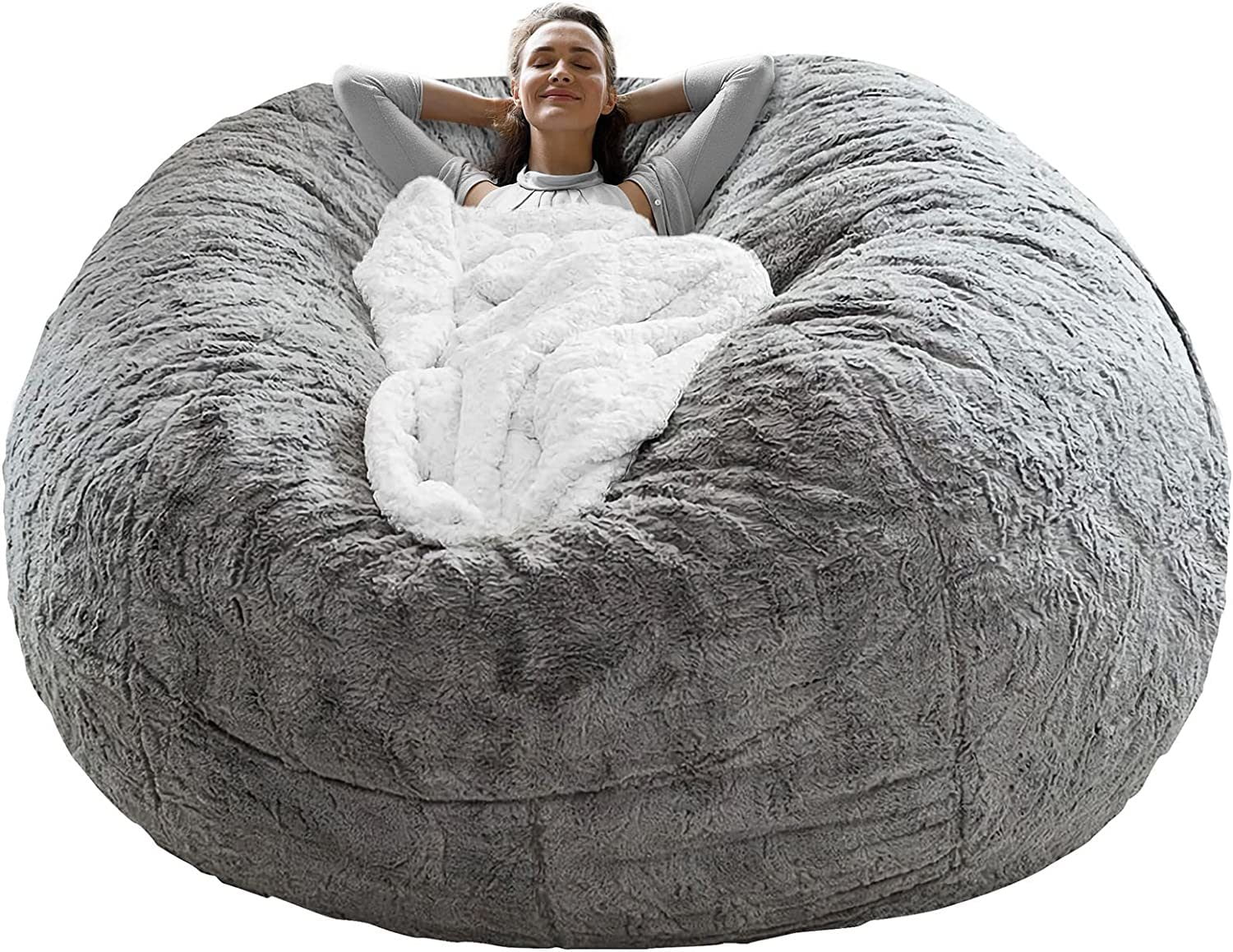 RAINBEAN Oversized Bean Bag Chair Cover - Ultra Soft, Eco-Friendly Big Round Soft Fluffy PV Velvet Sofa Bed Cover - 5ft Light Grey(Cover Only)