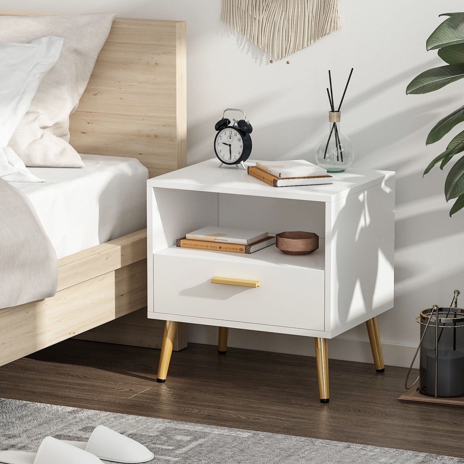 TQ Timechee 20'' Tall 1 - Drawer Metal Legs Nightstand(One Piece) Dark Brown