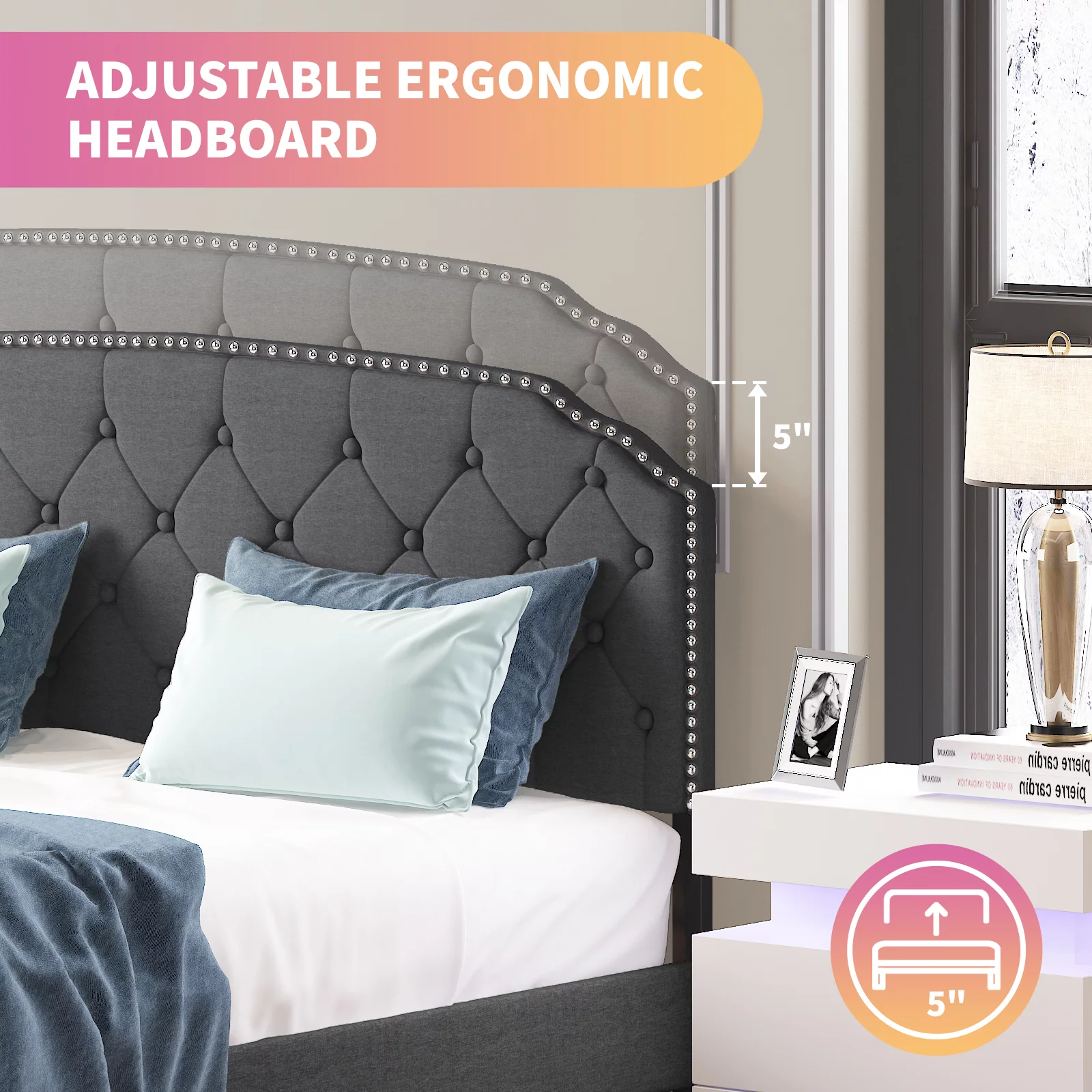 MUZZ Upholstered King Size Bed Frame, Platform Bed with Curved Rhombic Button Tufted Adjustable Headboard, Wood Slat Support, Easy Assembly (Dark Grey)