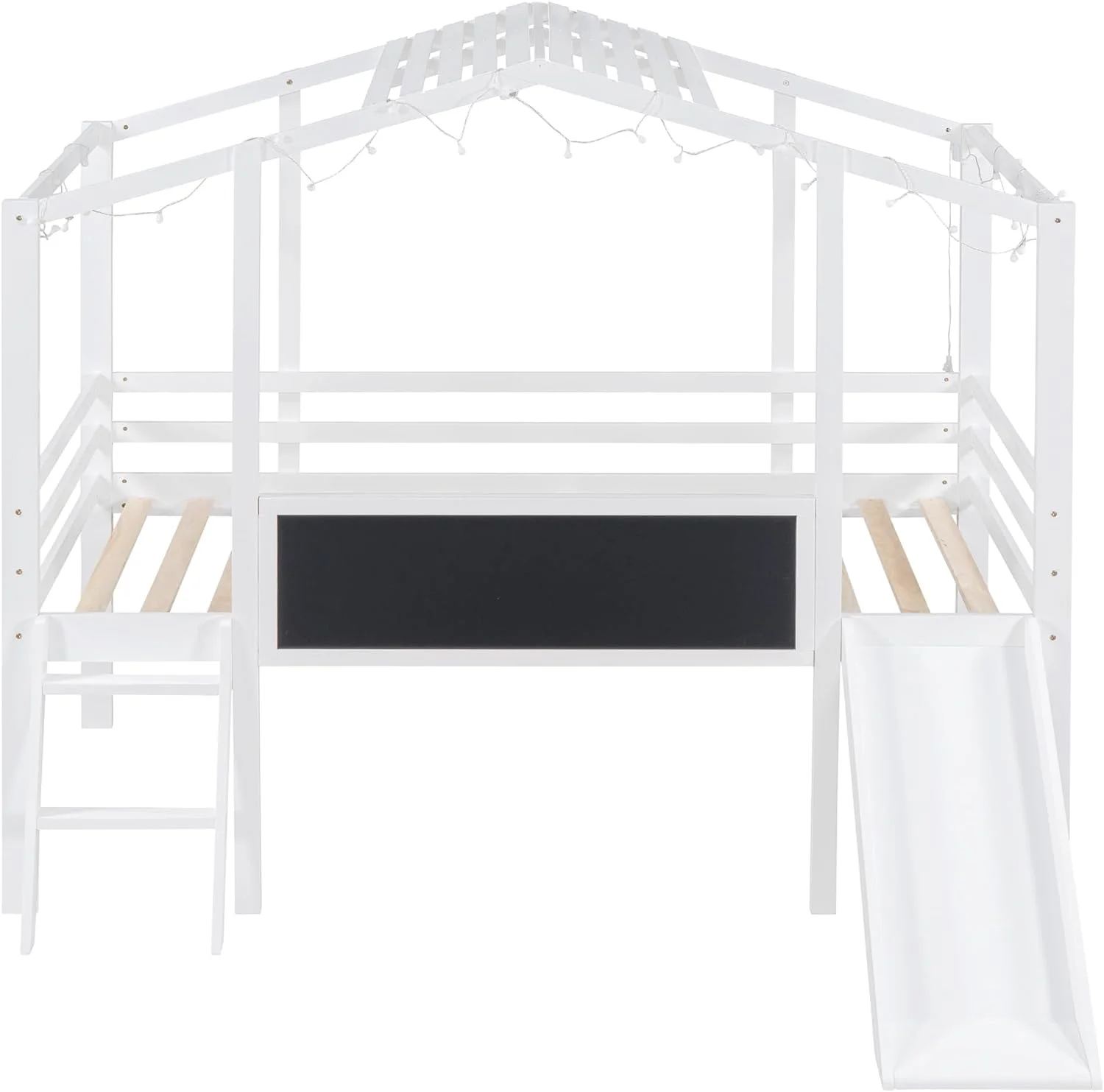 Twin Size Loft Bed with Ladder and Slide, House Bed with Blackboard and Light Strip on The Roof