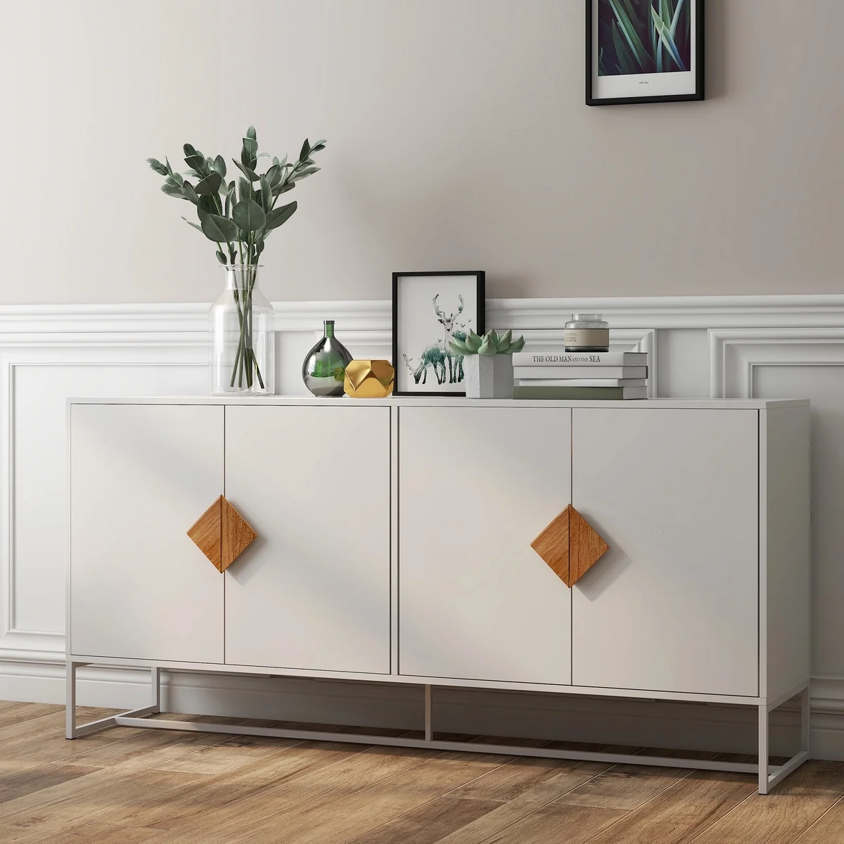 Ouyessir Sideboard Cabinet Modern 4 Doors Kitchen Buffet Storage Cabinet Television Tables Entryway Cupboard Furniture, White