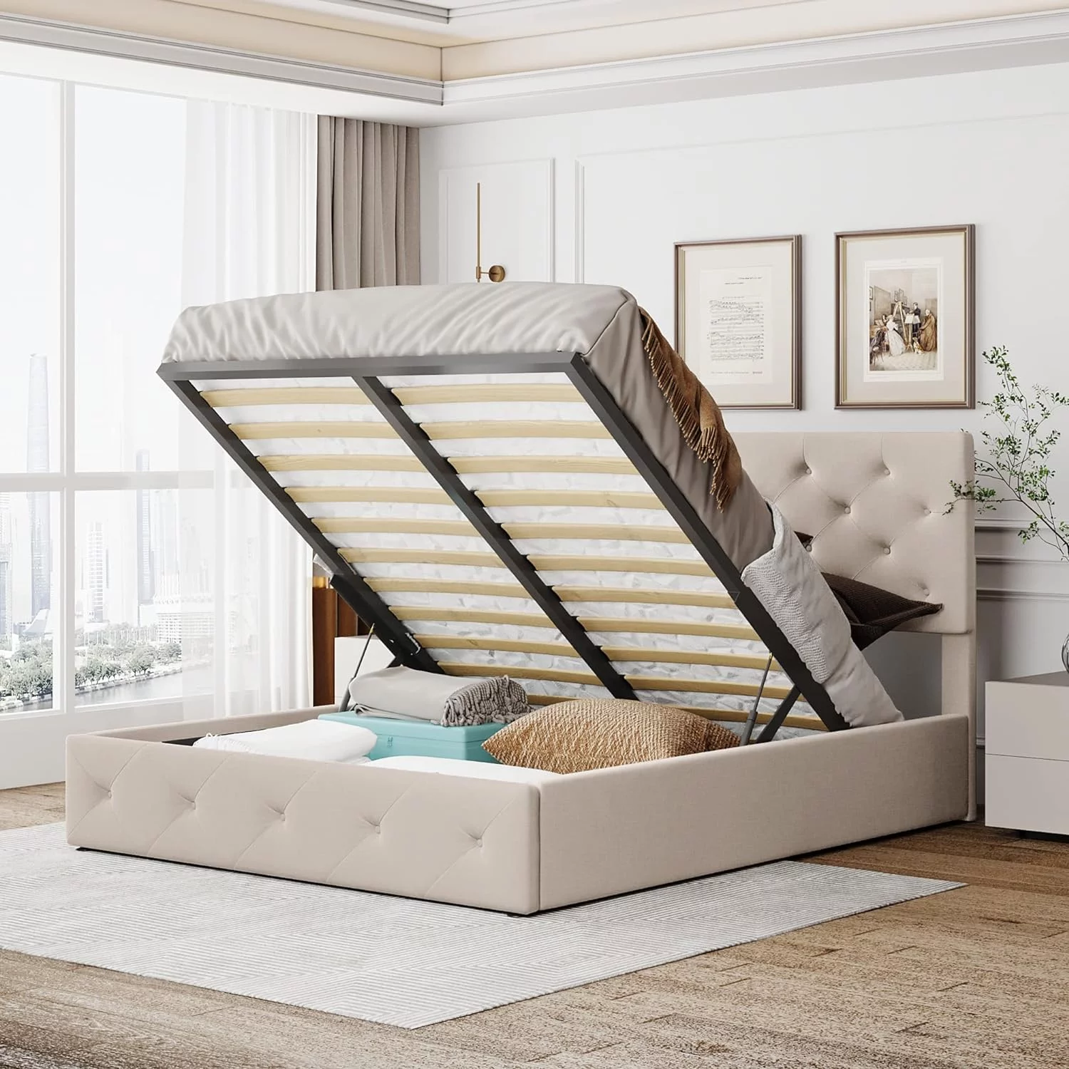 Queen Size Upholstered Platform Bed With Storage Underneath, Queen Bed Frame With Gas Lift Up Storage, Lift Storage Bed, Beige