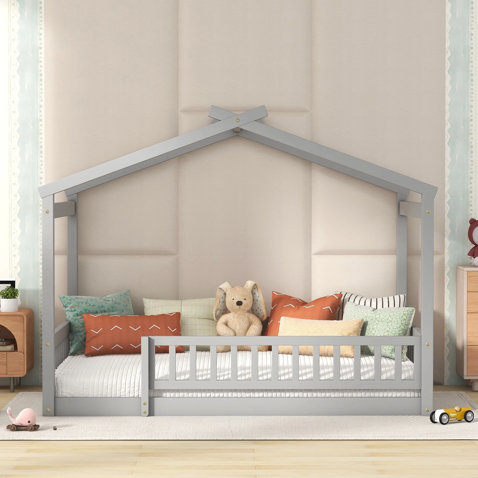 Bellemave Full Size House Floor Bed for Kids, Wooden Montessori Full Bed with Fence Railings and Support Slats, No Box Spring Needed (Gray)