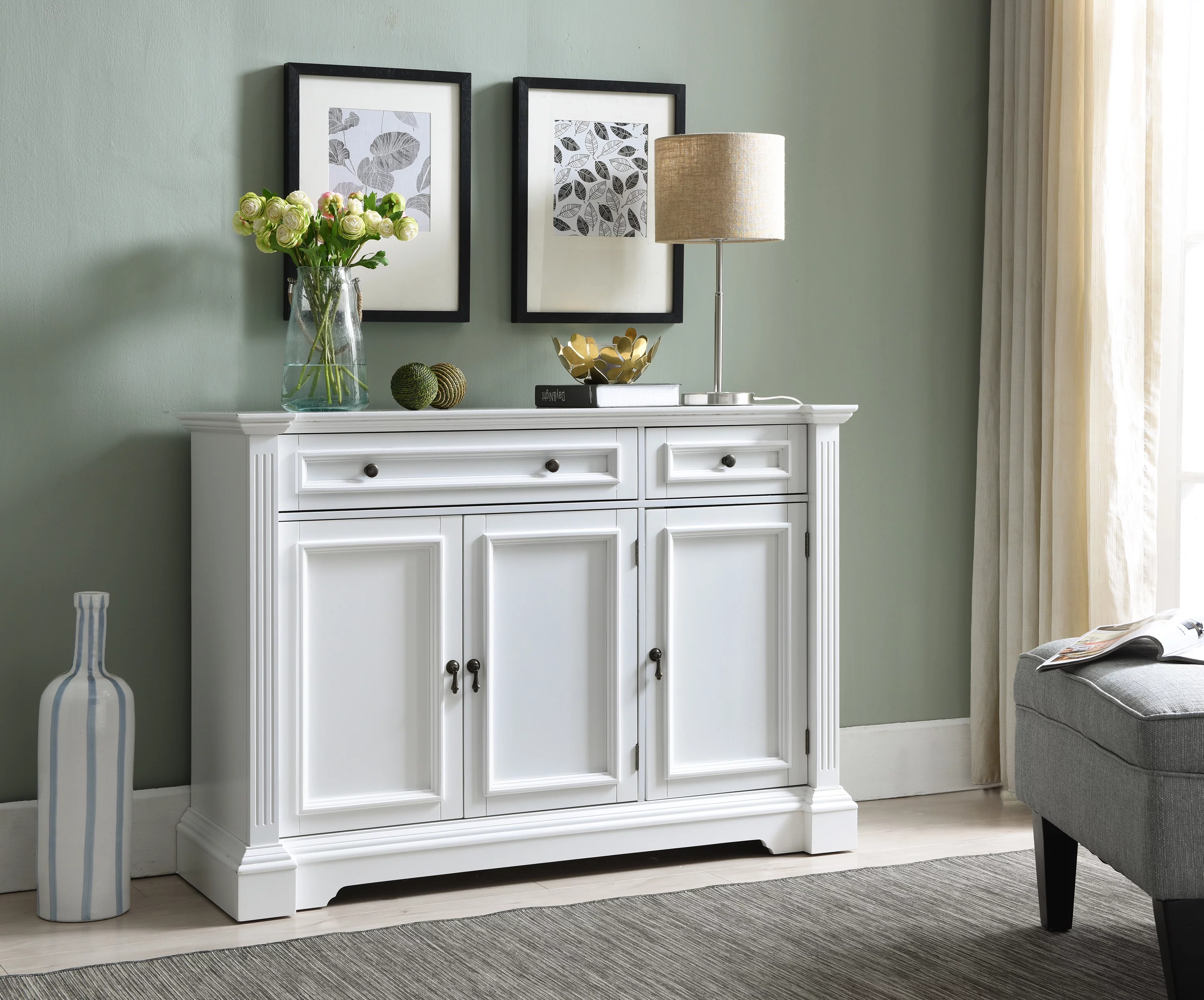 Kings Brand Furniture Traditional Wood Buffet Cabinet Console Table with 2 cabinets, 2 Drawers, White
