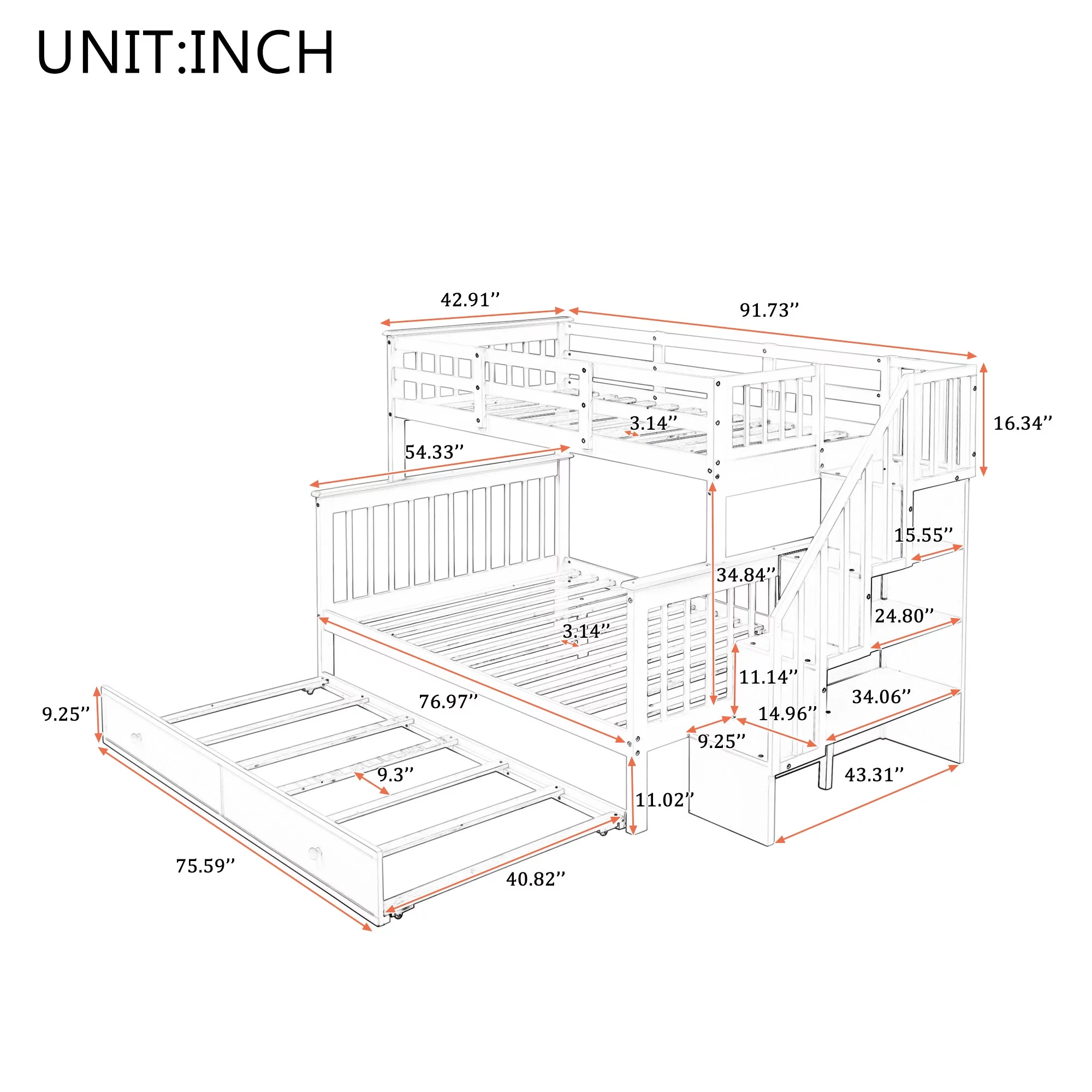 Stairway Twin-Over-Full Bunk Bed with Twin size Trundle, Storage and Guard Rail for Bedroom, Dorm, for Adults, Gray