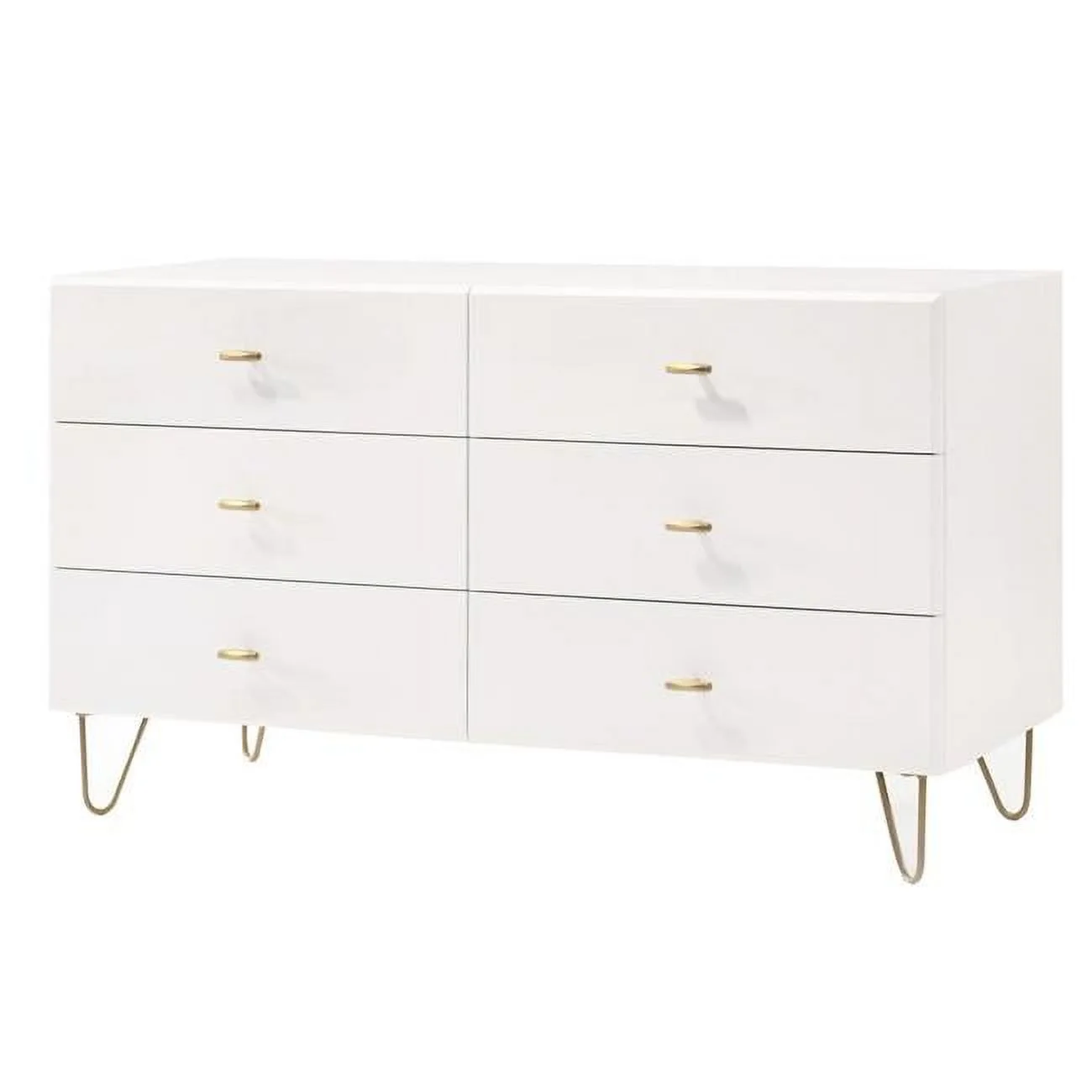 6 Drawer Wooden Dresser with Metal Hairpin Legs - White & Gold