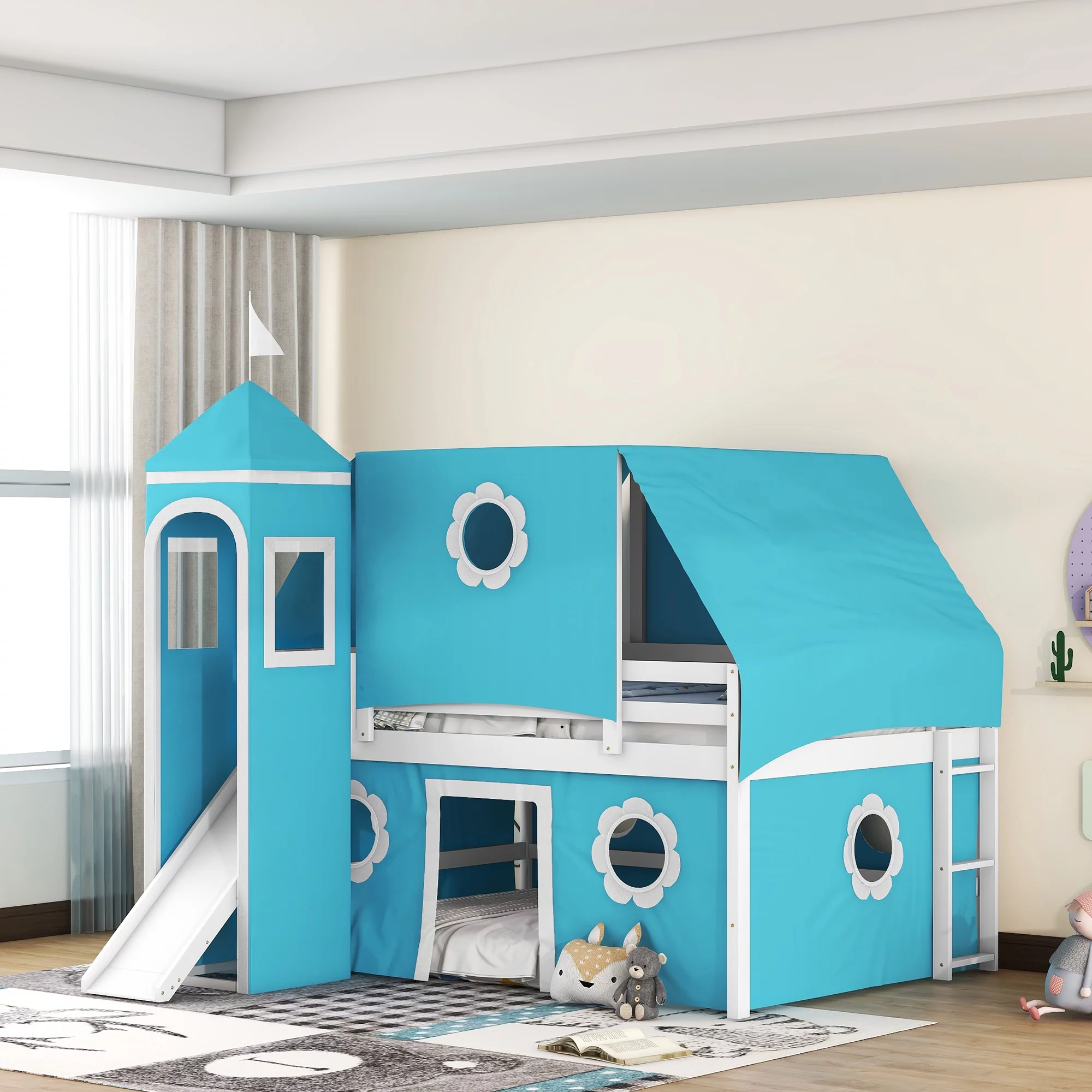 CoSoTower Full Size Bunk Bed with Slide Blue Tent and Tower - Blue