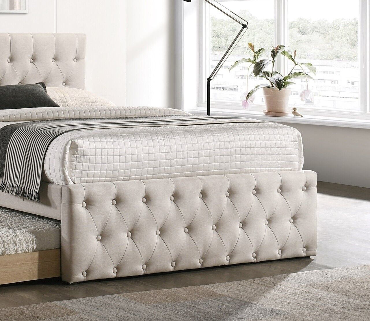 Contemporary Modern Light Brown Burlap Button Tufted Twin Size Bed w Trundle Bedroom Upholstered 1pc Bed Wooden Slats