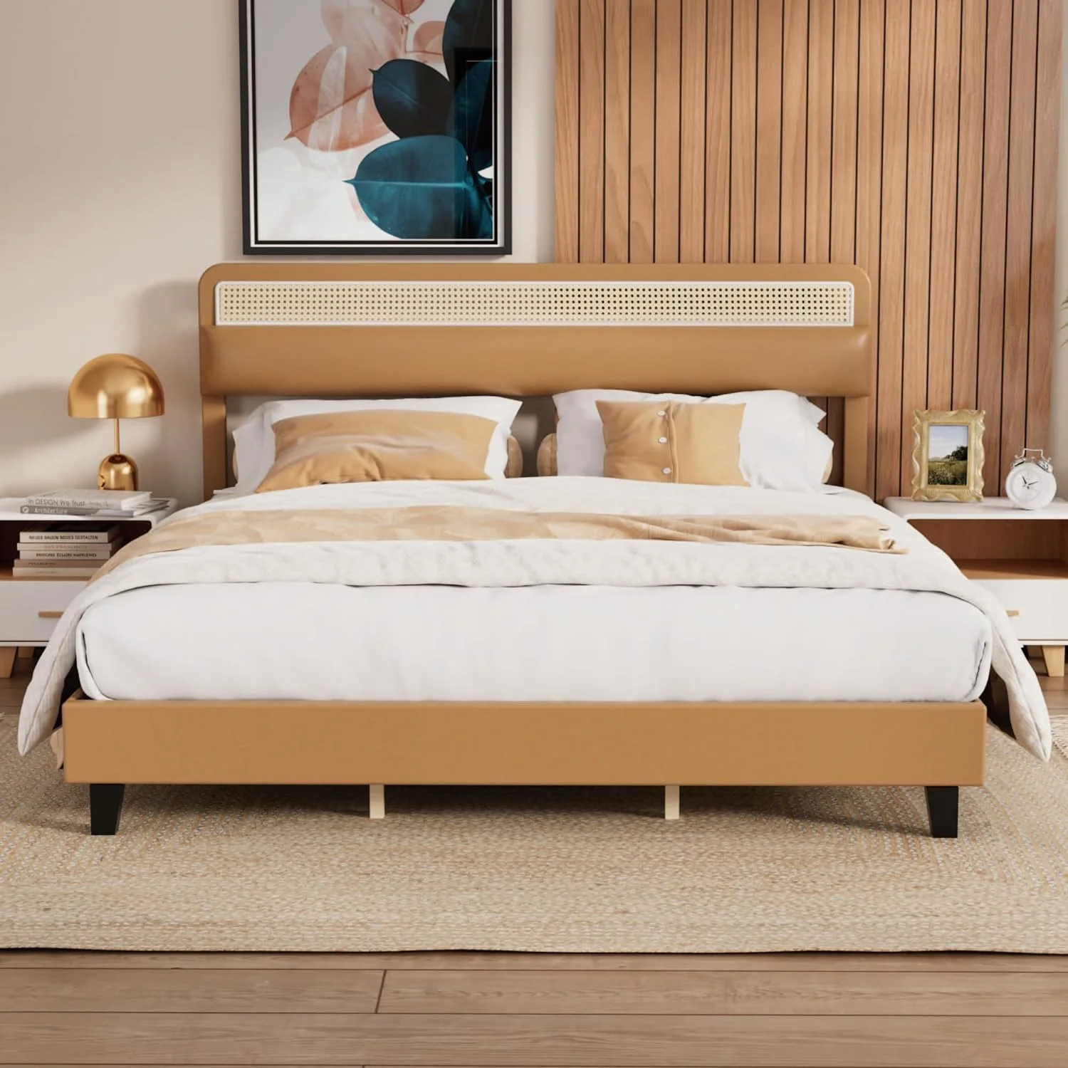 Cozy Castle King Size Bed Frame with Adjustable Rattan Headboard, Upholstered Faux Leather Platform Bed Frame, No Box Spring Needed, Brown