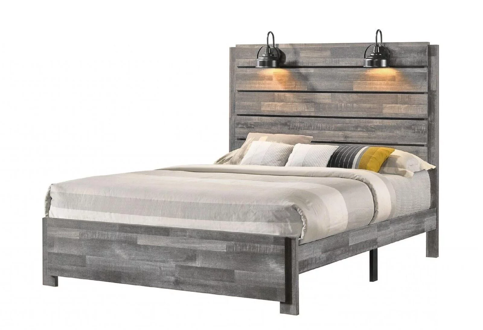 Rustic Gray 6Pc Built in Sconce Light Lamps Platform King Bed Dresser Mirror Nightstands Chest Set Bedroom Furniture