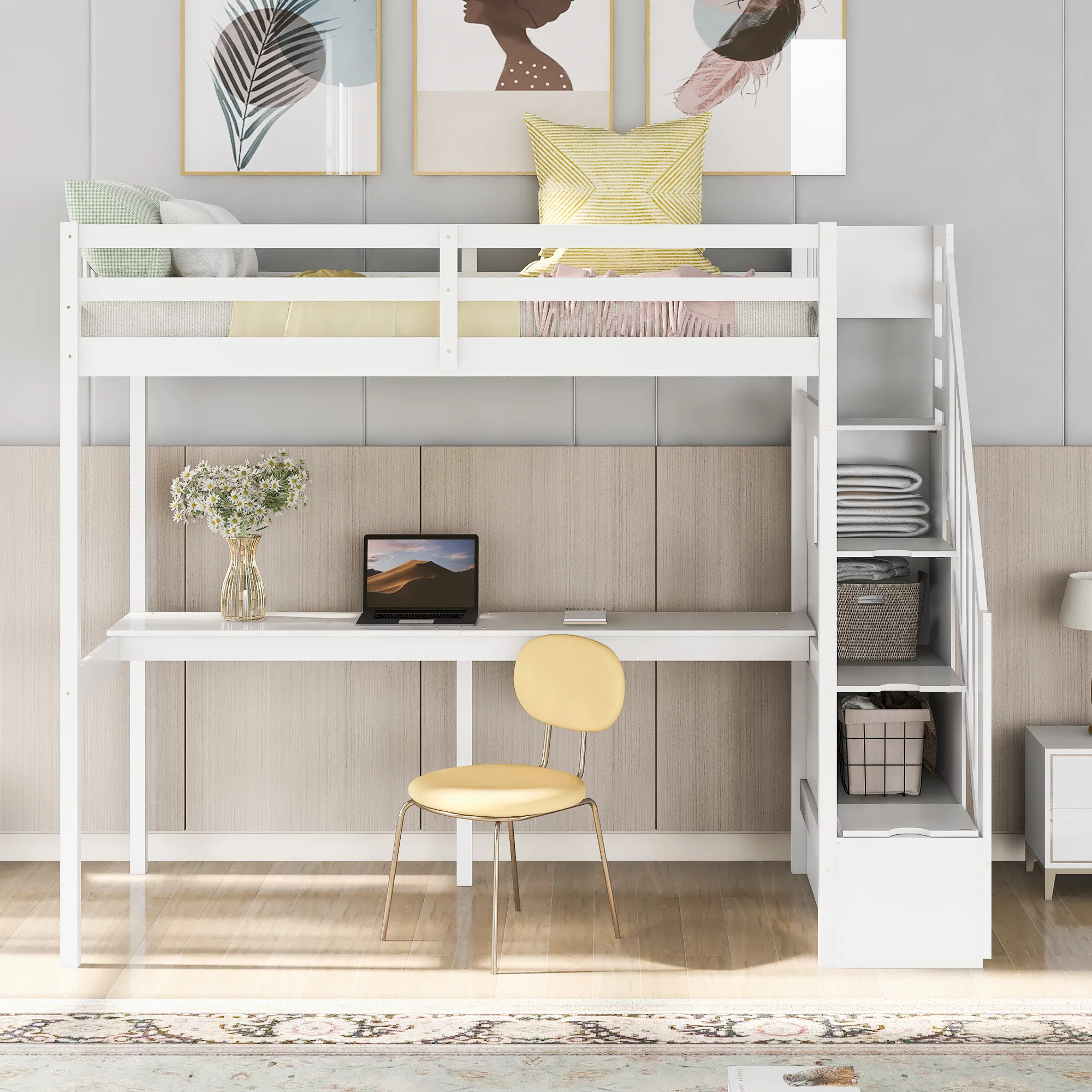 EUROCO Twin Size Loft Bed with Storage Staircase and Built-in Desk, White