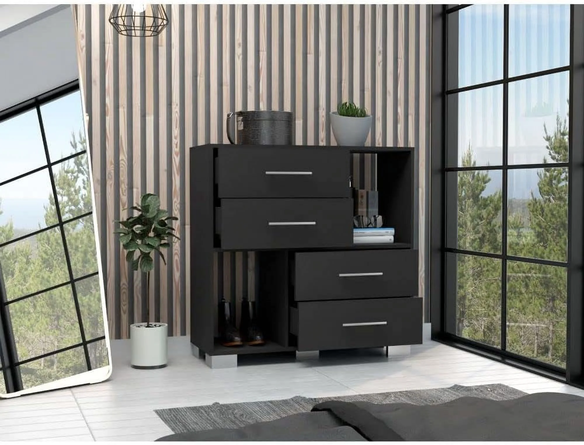 Fountain Dresser With 2 Open Shelves And 4 Drawers, Black