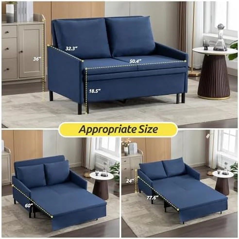 HOOMHIBIU 3 in 1 Sleeper Sofa Bed Sleeper Sofa Couch with Pullout Couch Bed Convertible Futon Loveseat Sofa with Couches for Living Room Bedroom Balcony Denim Blue