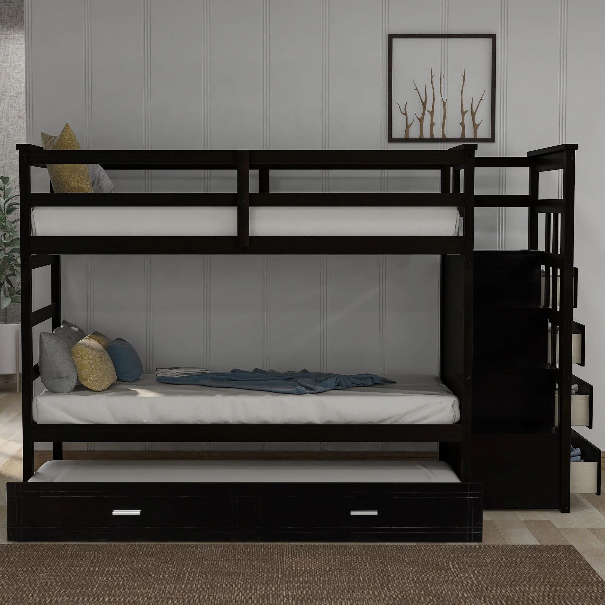 Nestfair  Twin over Twin Bunk Bed with Trundle and Drawers Brown