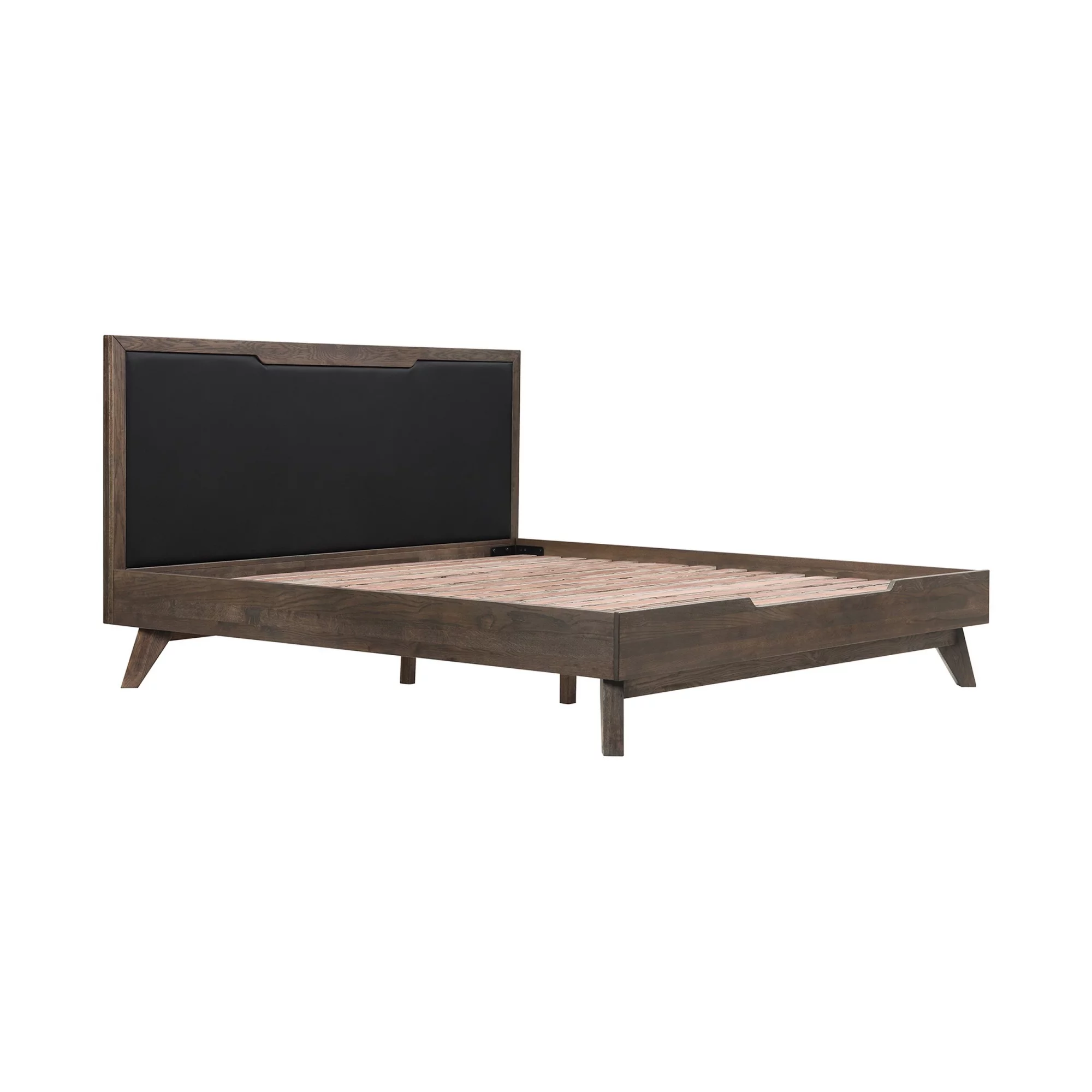 Benjara Maria Oak Wood King Platform Bed, Vegan Faux Leather Headboard, Brown Black