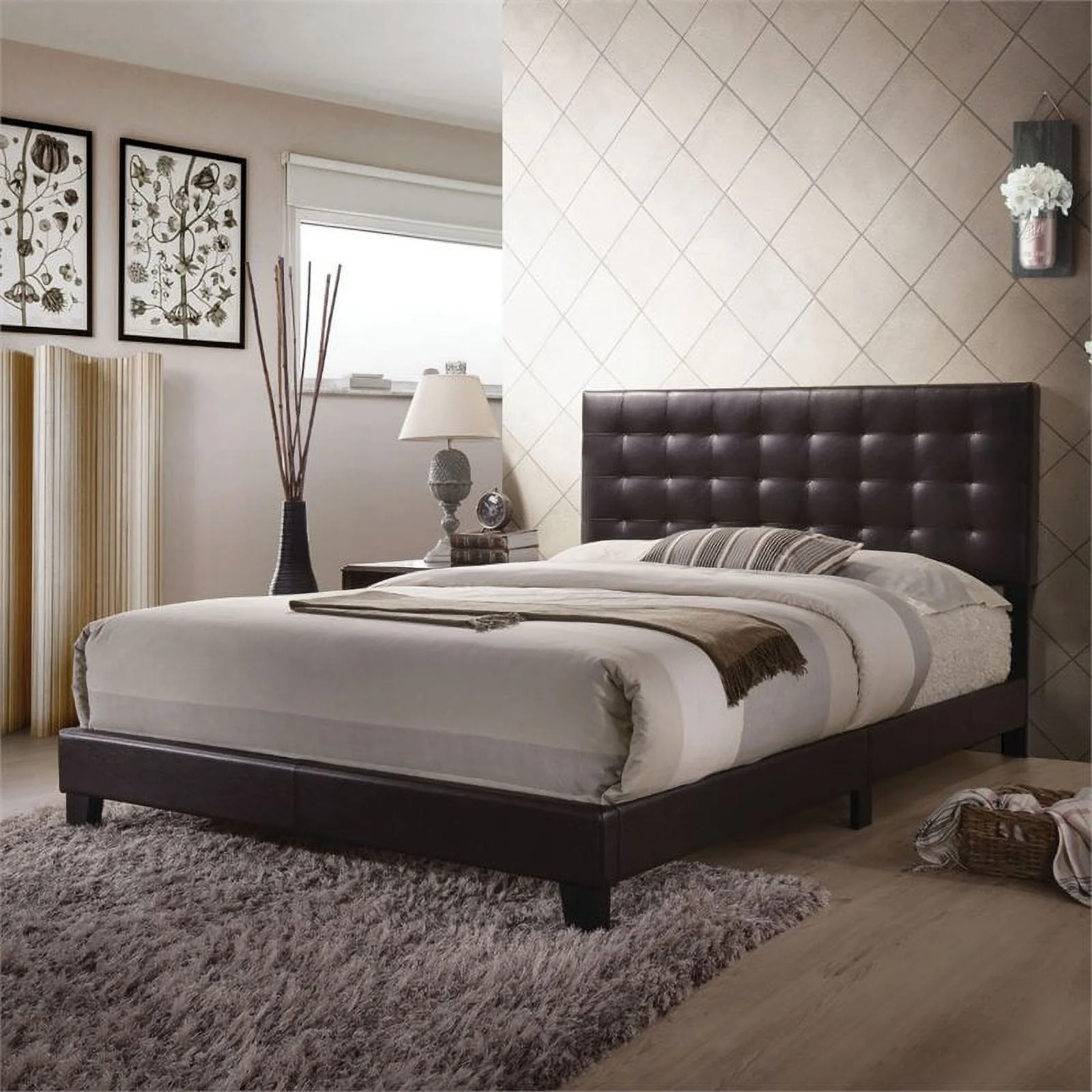 Allora Transitional Faux Leather Upholstered Queen Panel Bed in Espresso
