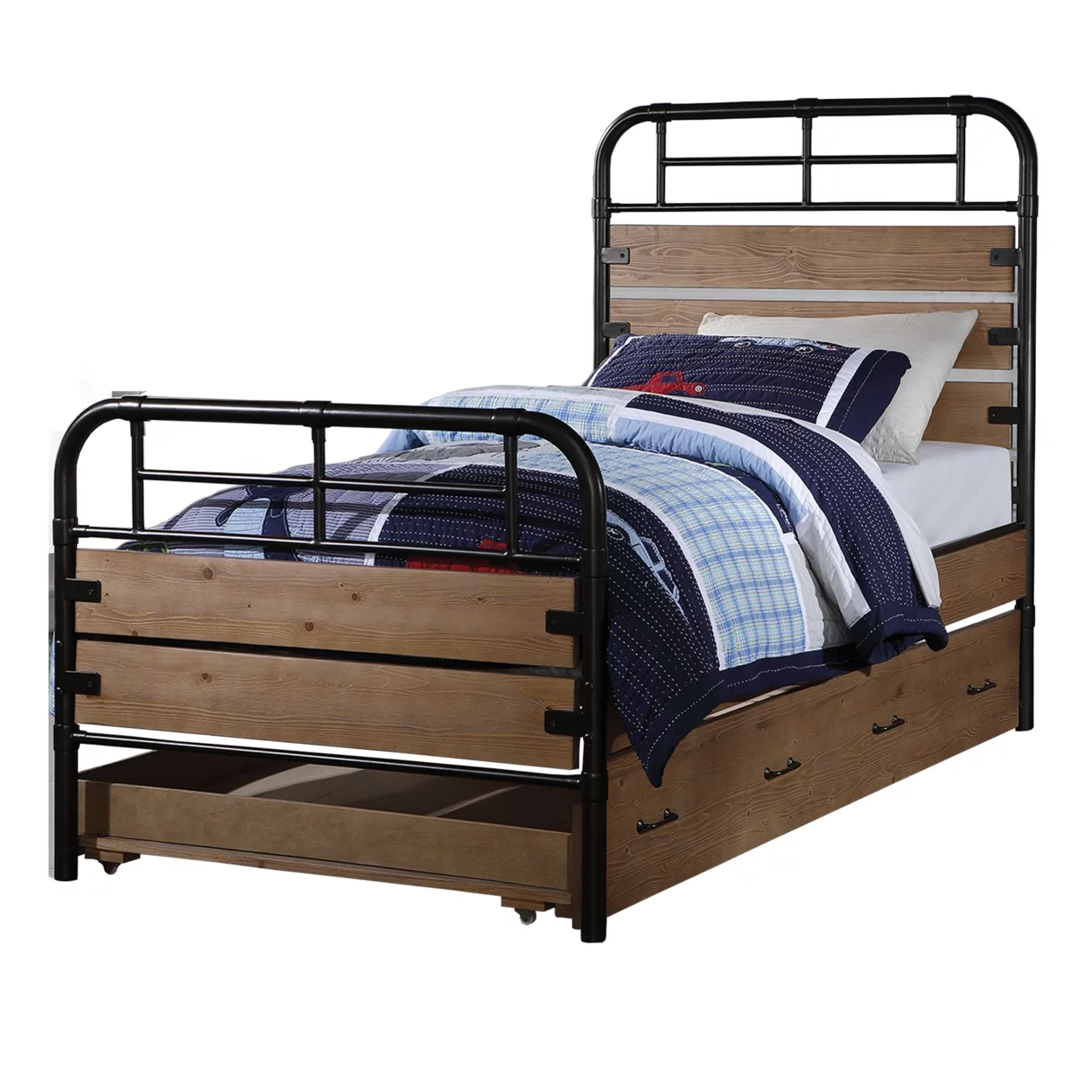 Industrial Style Metal and Wood Twin Size Bed with Slated Headboard Black and Brown- Saltoro Sherpi