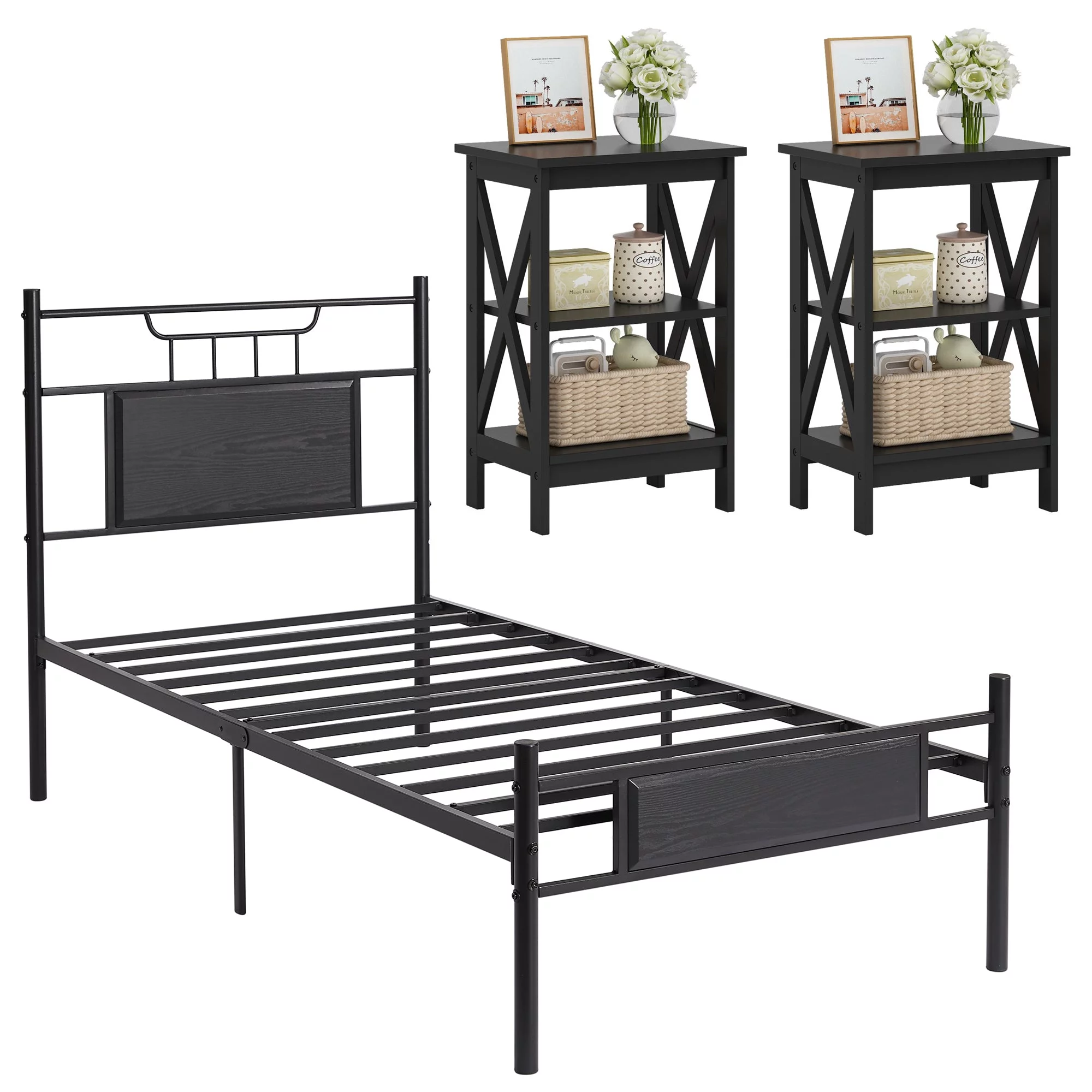 VECELO 3-Piece Bedroom Set with Twin Platform Bed Frame and Nightstands, Black