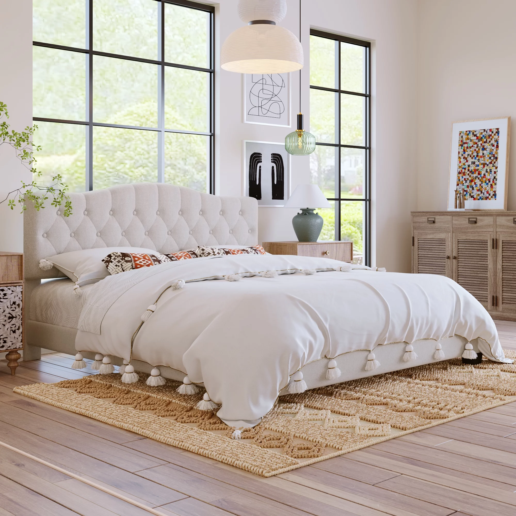 King Size Upholstery Platform Bed with Saddle Curved Headboard and Diamond Tufted Details for Bedroom, Beige