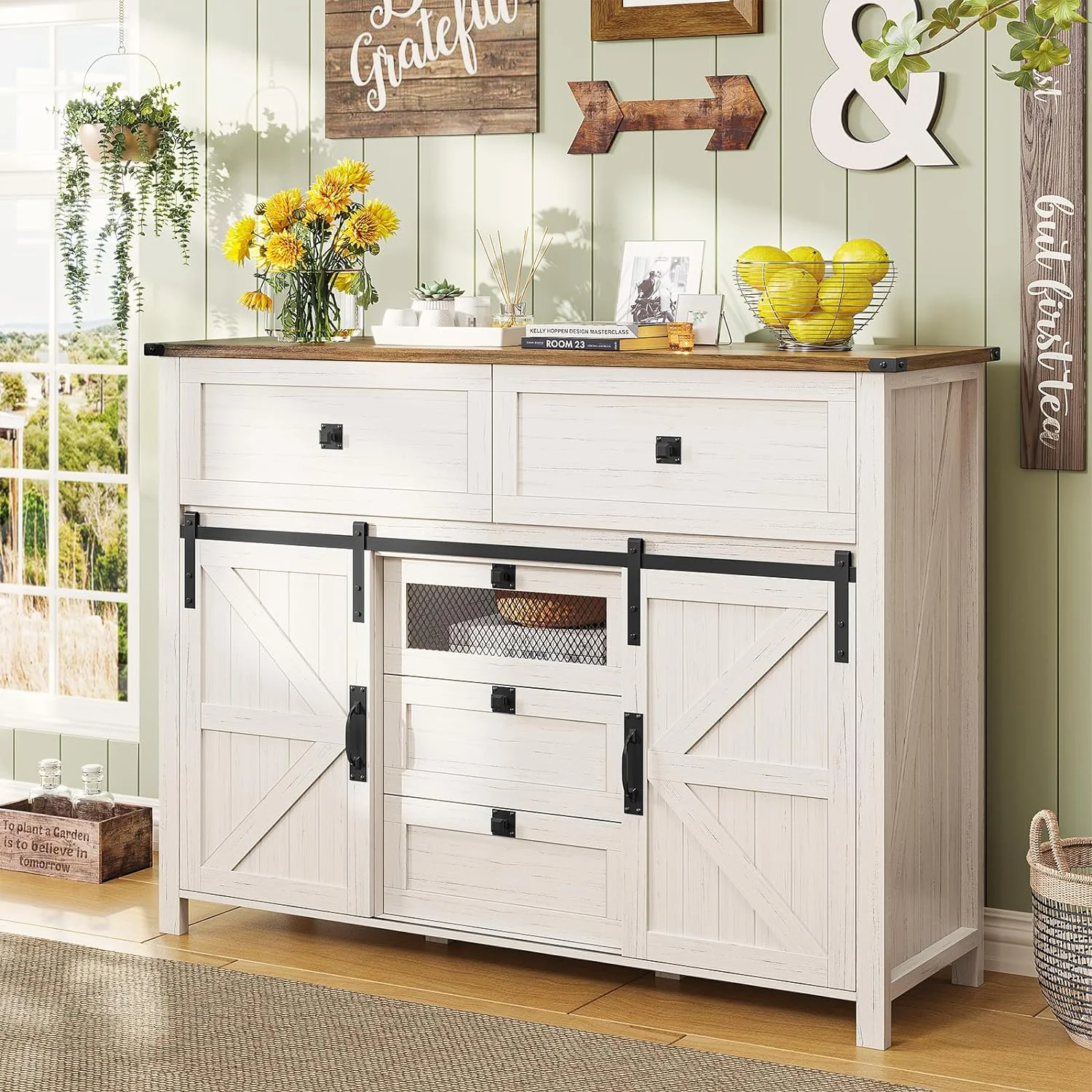 Afuhokles Dressers for Bedroom with 5 Drawers and Sliding Barn Doors, Farmhouse Wood Large Capacity Chest of Drawers