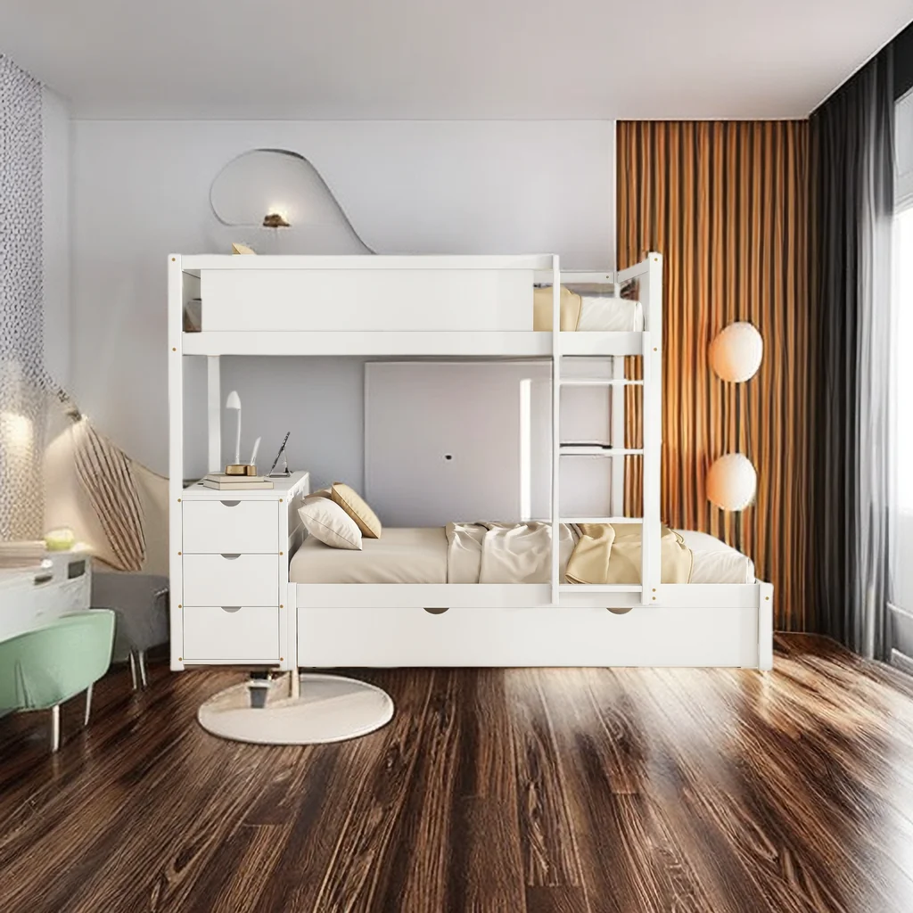 Full-Over-Full Bunk Bed with Twin Size Trundle, Storage and Desk bunk Bed with Desk Underneath