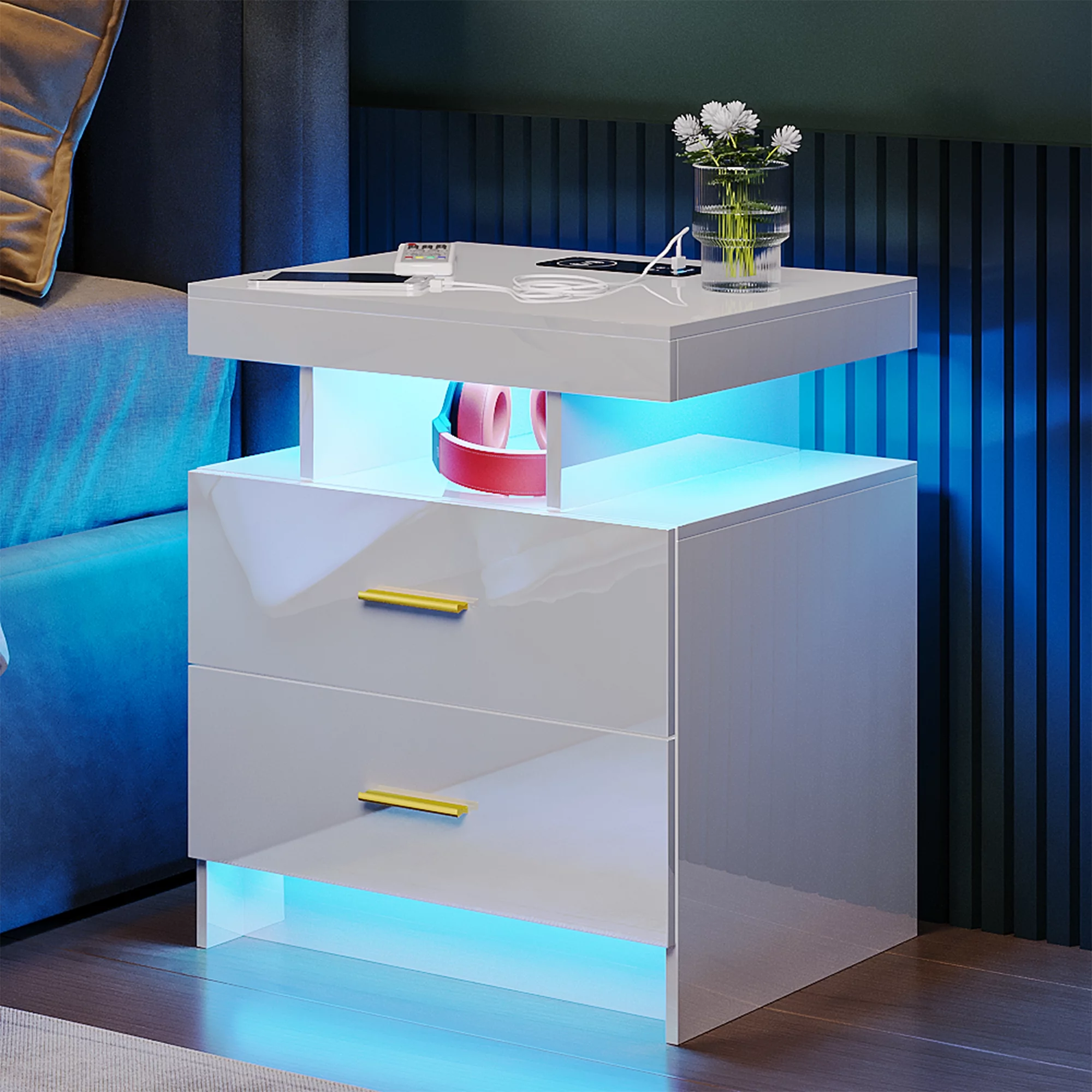 HNEBC LED Nightstand Beside Table with 2 USB Ports & Wireless Charging Station Floating Nightstand with 3 Color & Adjustable Brightness for Bedroom-White
