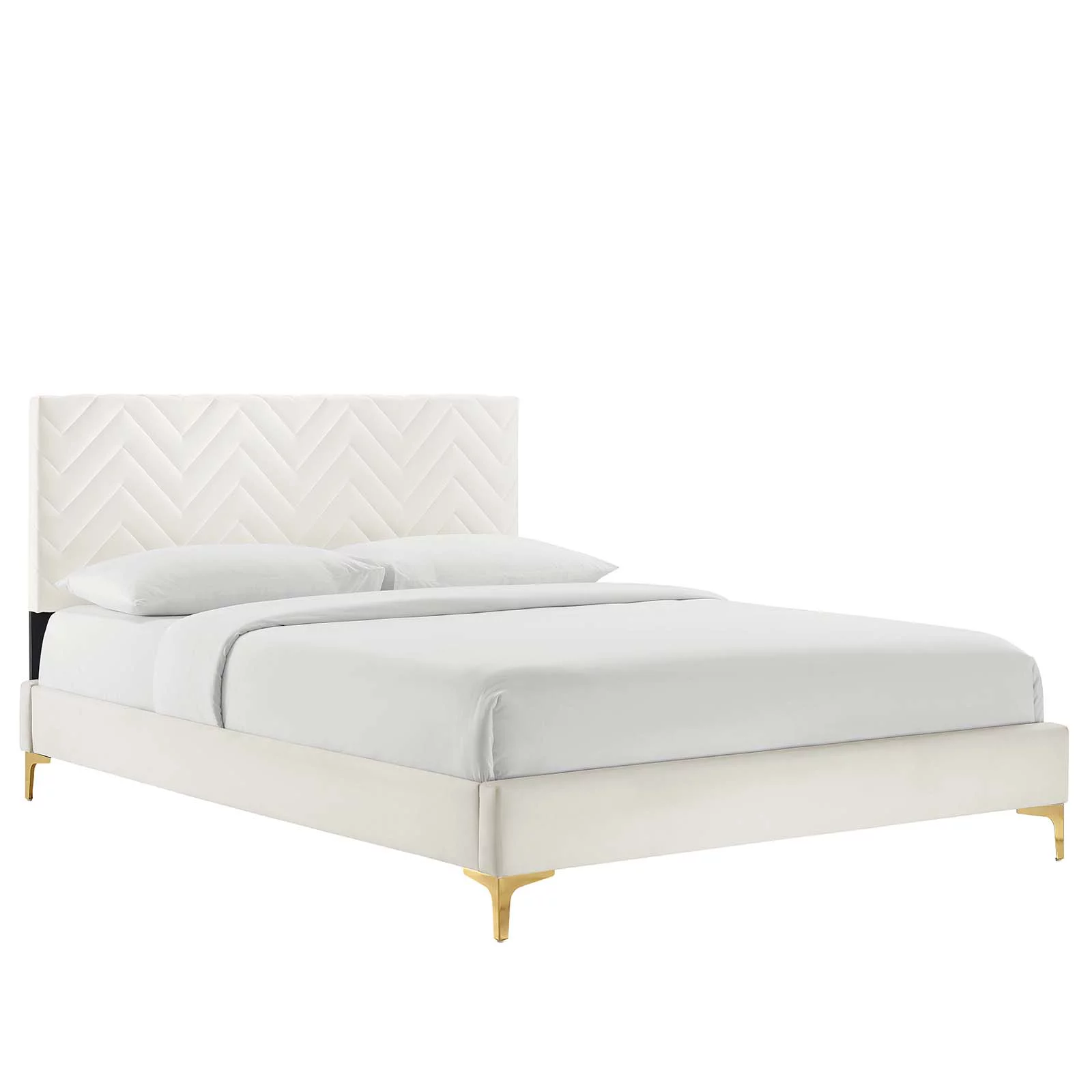 Modway Leah Chevron Tufted Performance Velvet Queen Platform Bed in White