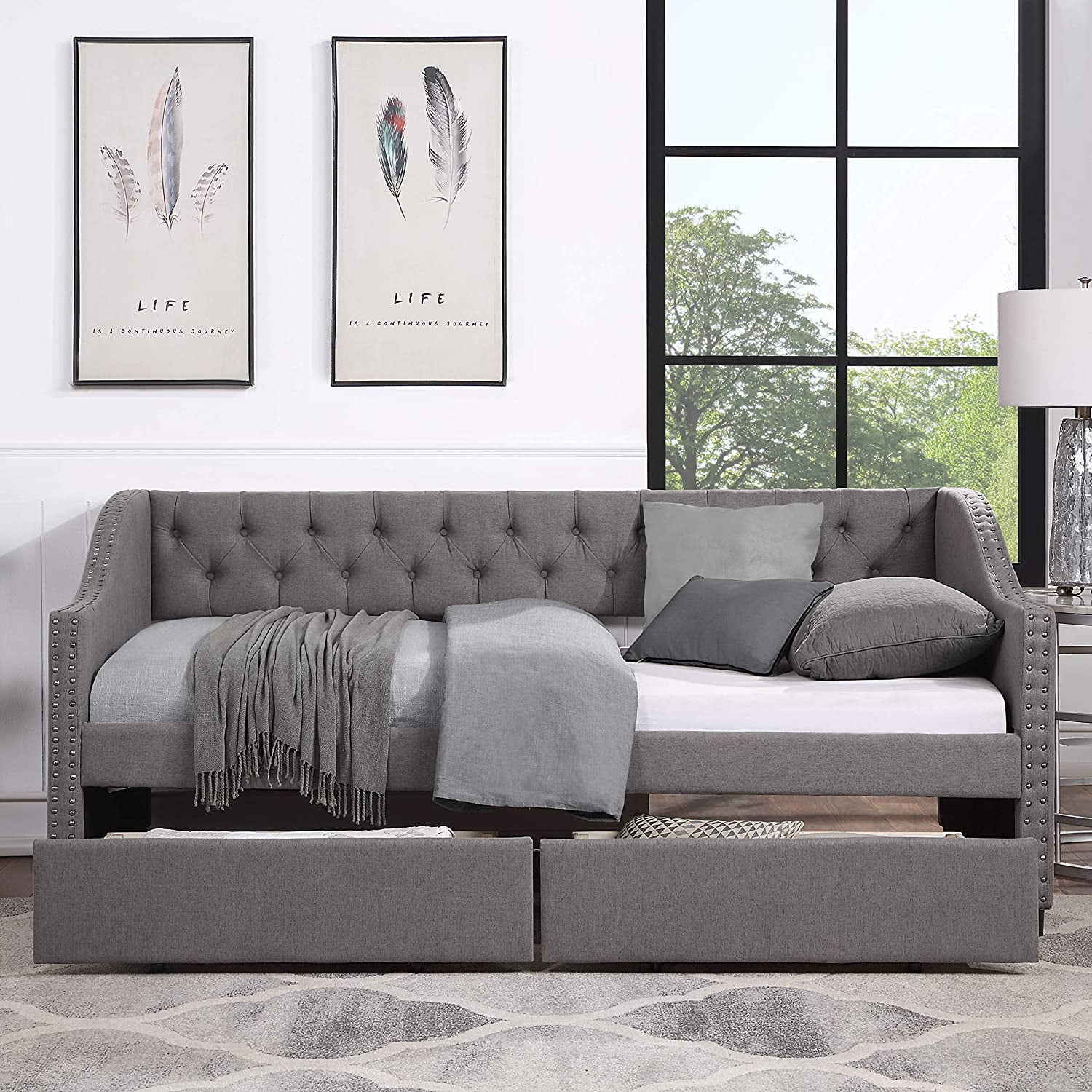 Twin Upholstered Daybed with Drawers and Wood Slat Support Sofa Bed Tufted Daybed Frame with Button Back for Living Room
