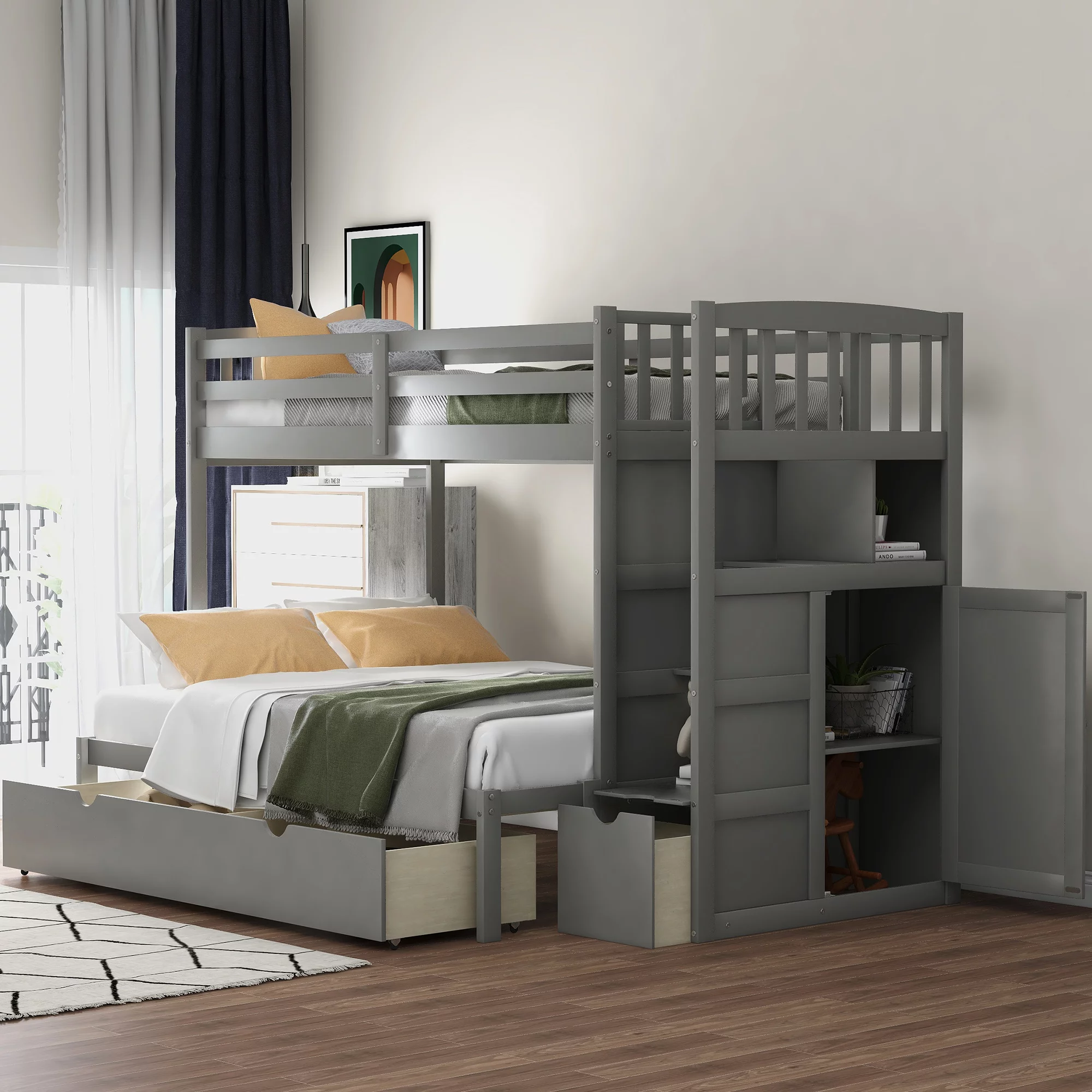 Double bunk bed, convertible bottom bed, storage shelf and drawers, gray 94.4''L*77.7''W*63.6''H