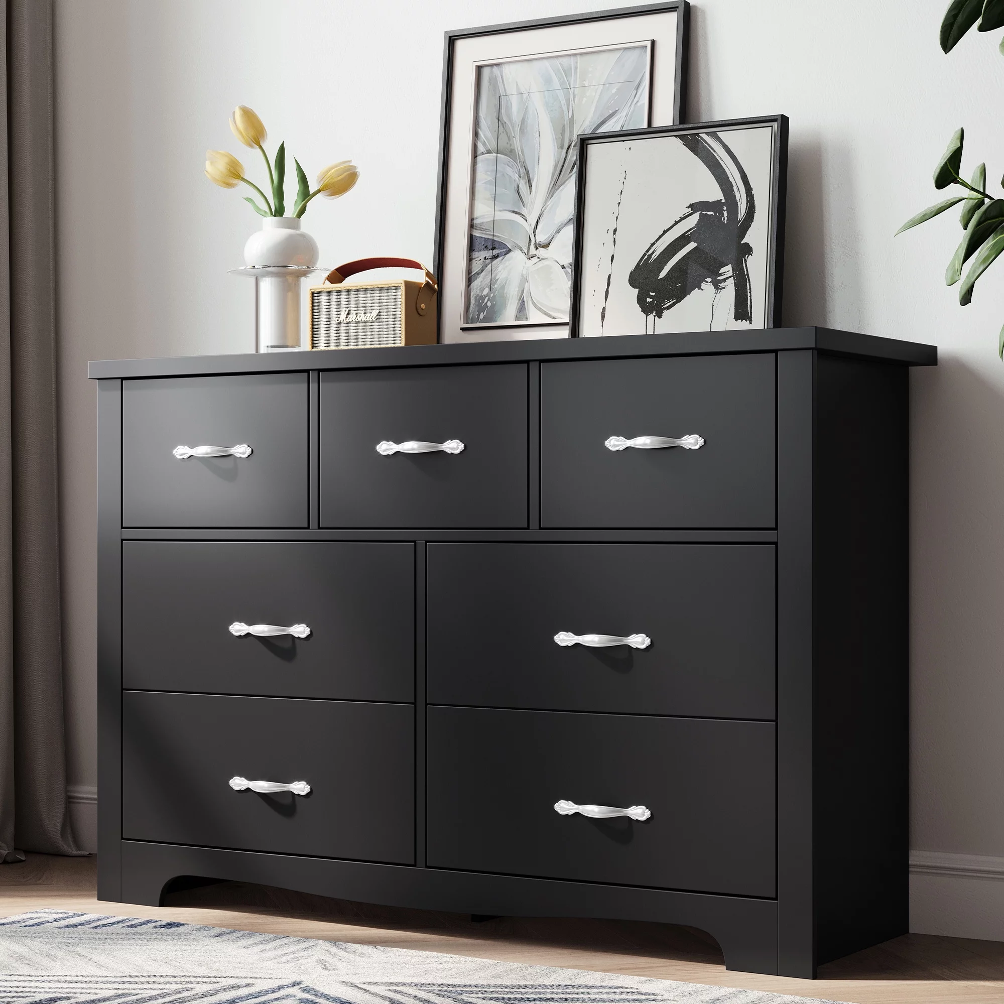 Linsy Home 7 Drawer Black Double Dresser, Wood Storage Cabinet with Easy Pull Out Handles for Living Room, Chest of Drawers for Bedroom