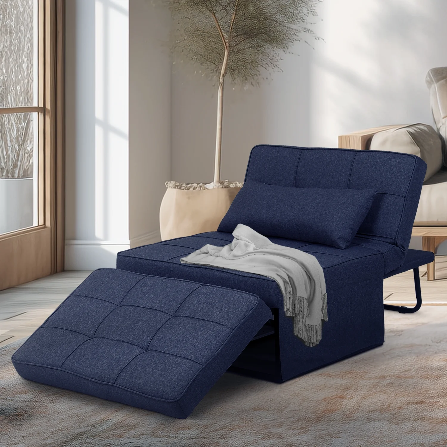 Ainfox Folding Sofa Bed, 4 in 1 Daybeds Ottoman Chair Lounge Couch for Guest Sleeper, Suitable for Modern Living Room, Bedroom, Twin Size(Dark Blue)