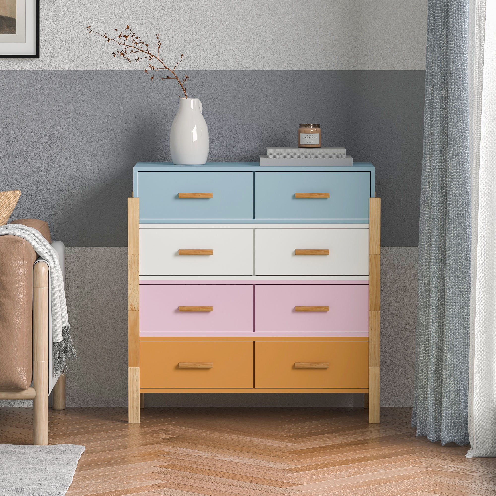 HIUU 8 Drawers Dresser for Bedroom,Wood Dresser,Modren Dresser,Chest of Drawers for Living Room,White,Pink,Blue,Orange